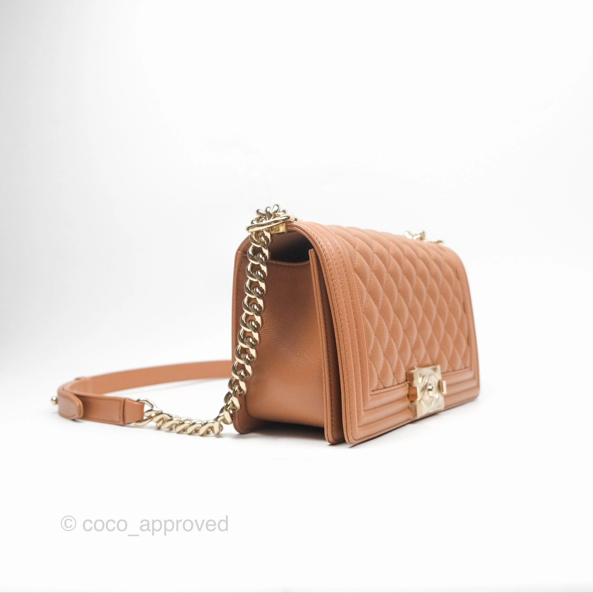 Chanel Quilted Medium Boy Dark Caramel Beige Caviar Gold Hardware