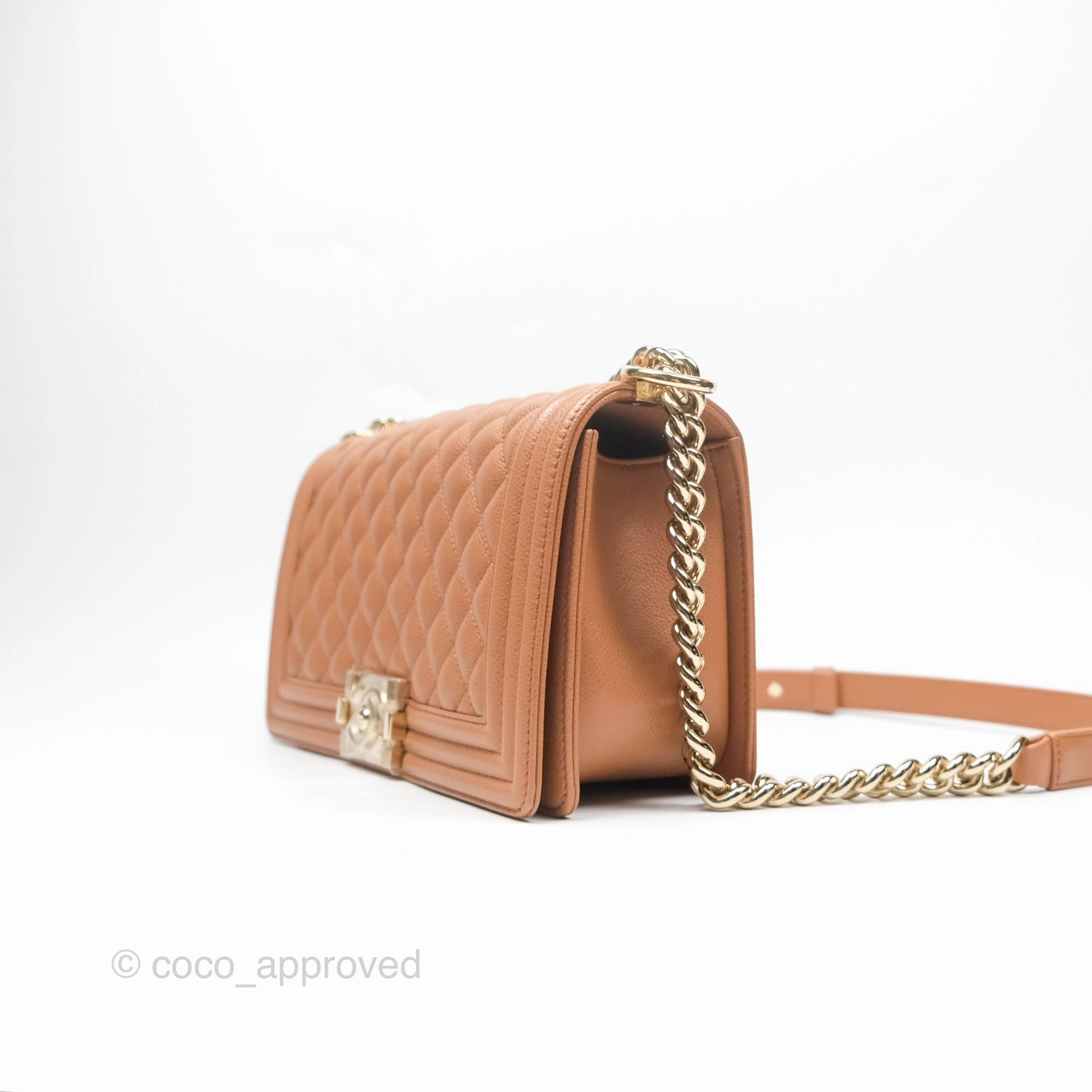 Chanel Quilted Medium Boy Dark Caramel Beige Caviar Gold Hardware