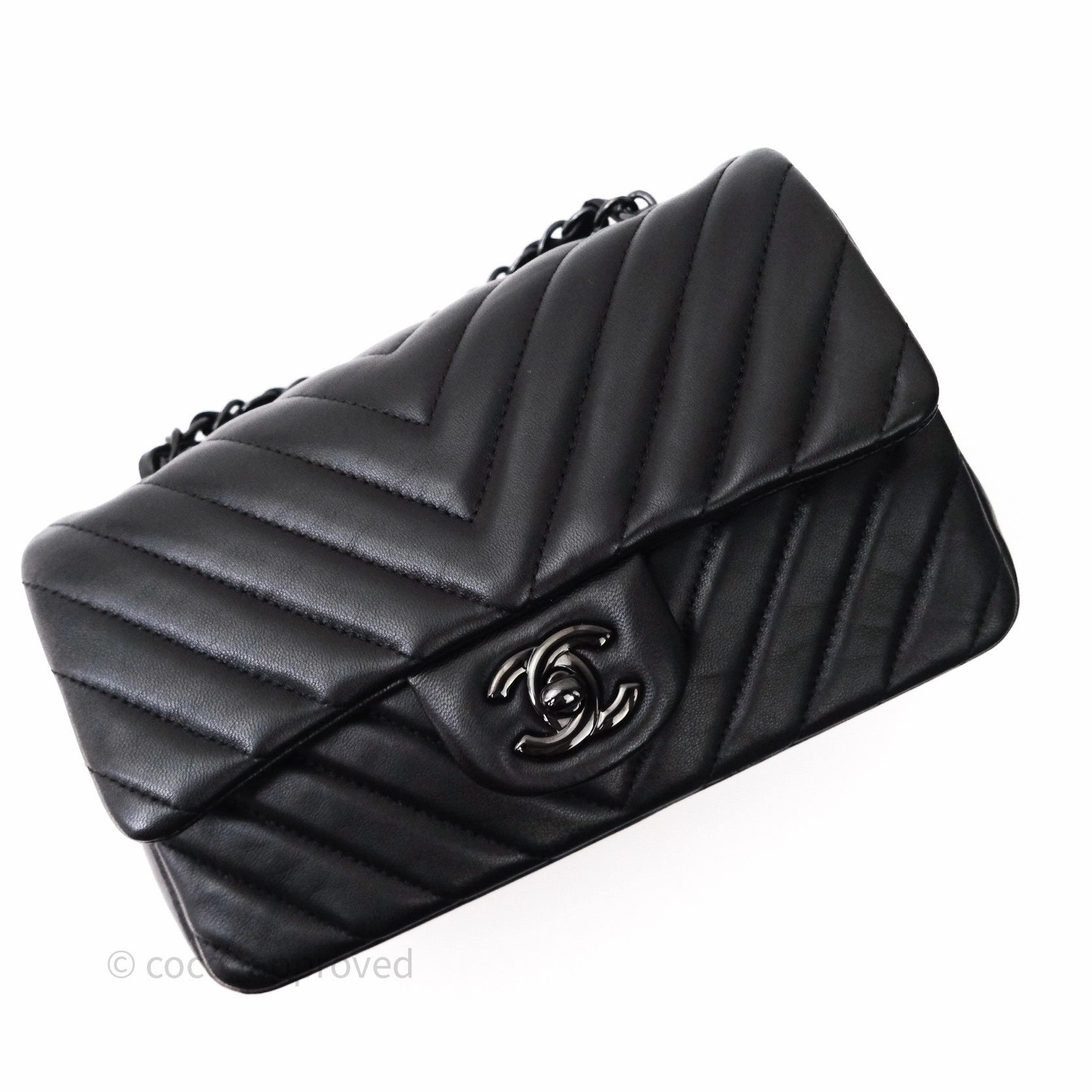 Chanel Quilted Mini Rectangular Black Chevron Lambskin So Black Hardware