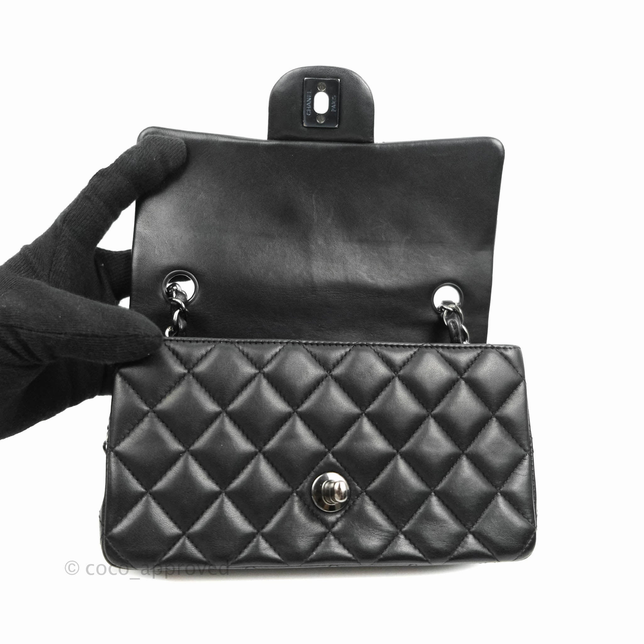 Chanel Quilted Mini Rectangular Black Lambskin Dark Silver Hardware