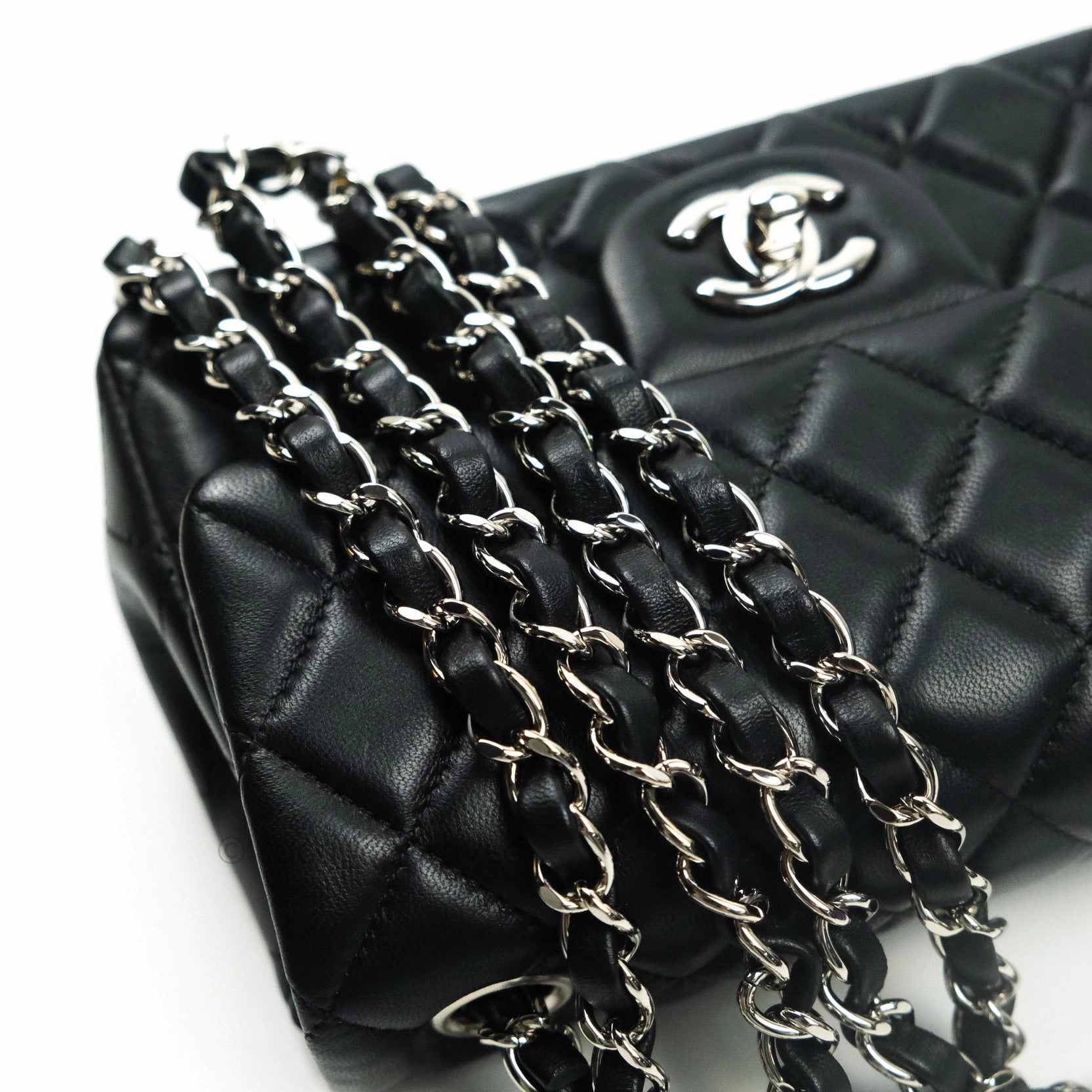 Chanel Quilted Mini Rectangular Black Lambskin Silver Hardware
