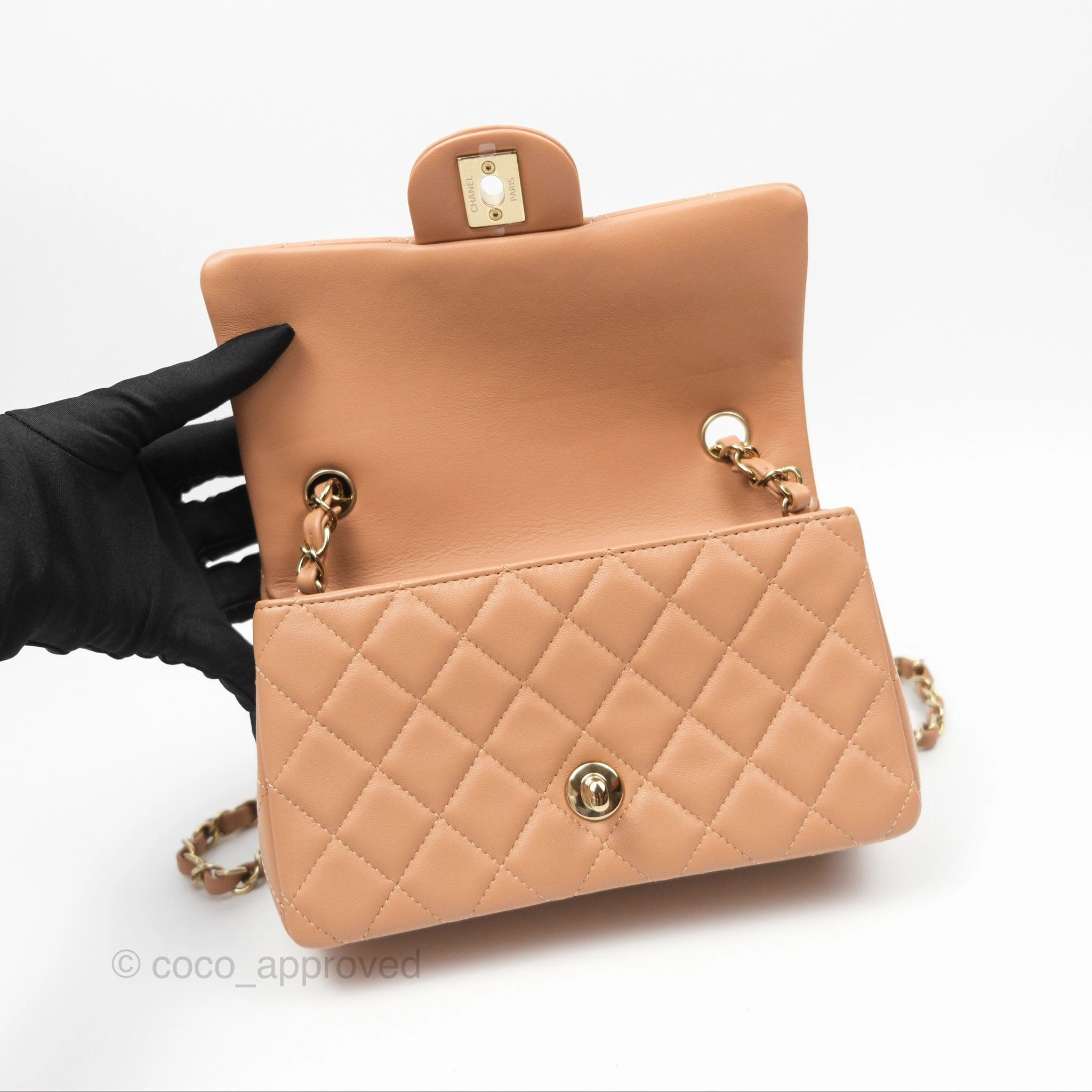 Chanel Quilted Mini Rectangular Dark Beige Lambskin Gold Hardware