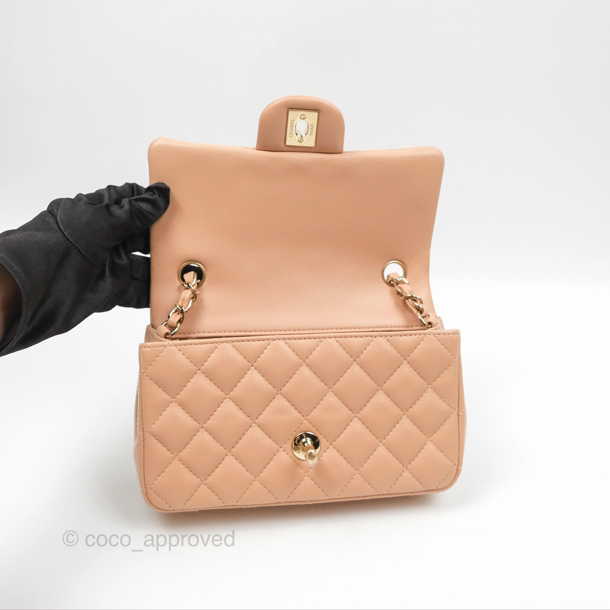 Chanel Quilted Mini Rectangular Flap Beige Lambskin Gold Hardware