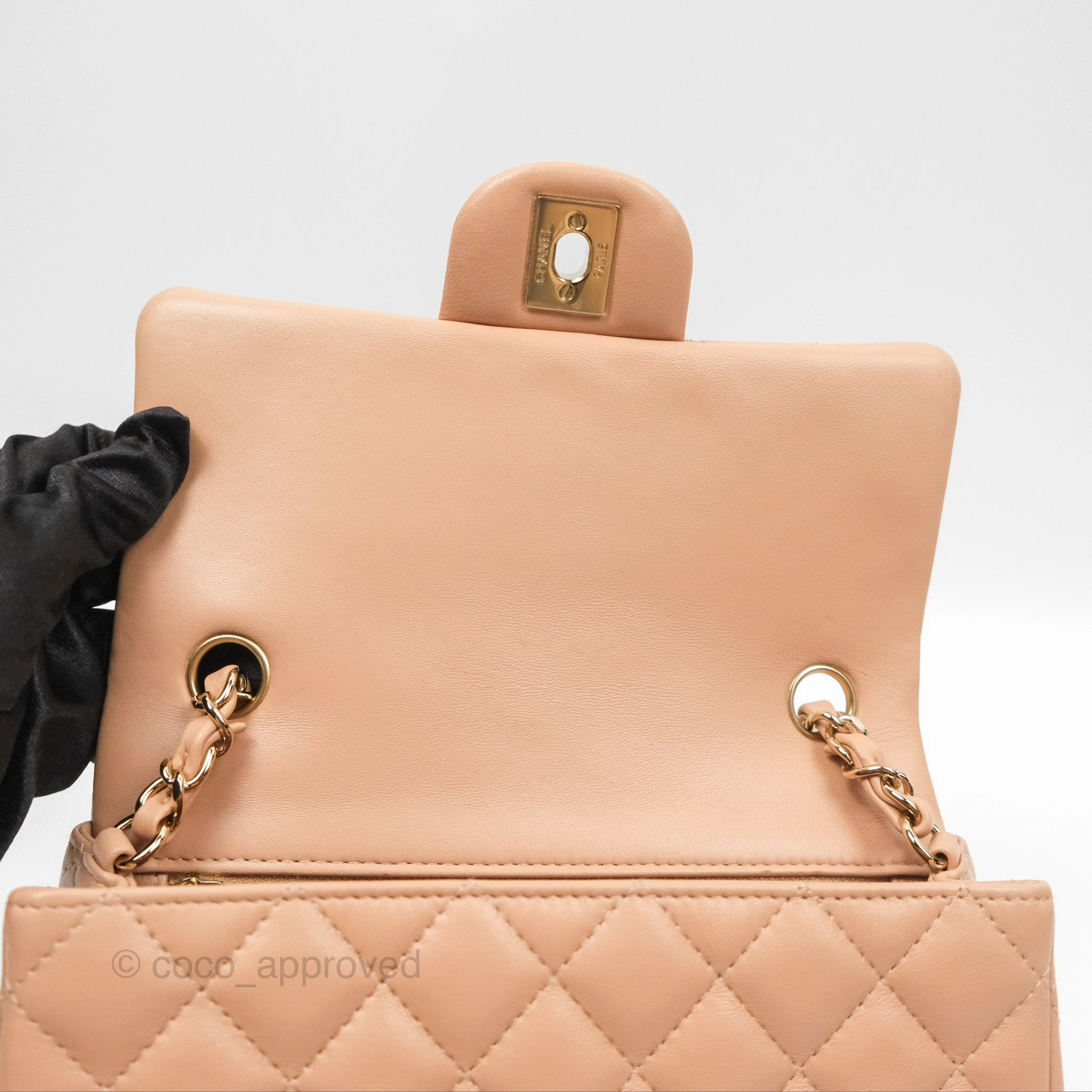 Chanel Quilted Mini Rectangular Flap Beige Lambskin Gold Hardware