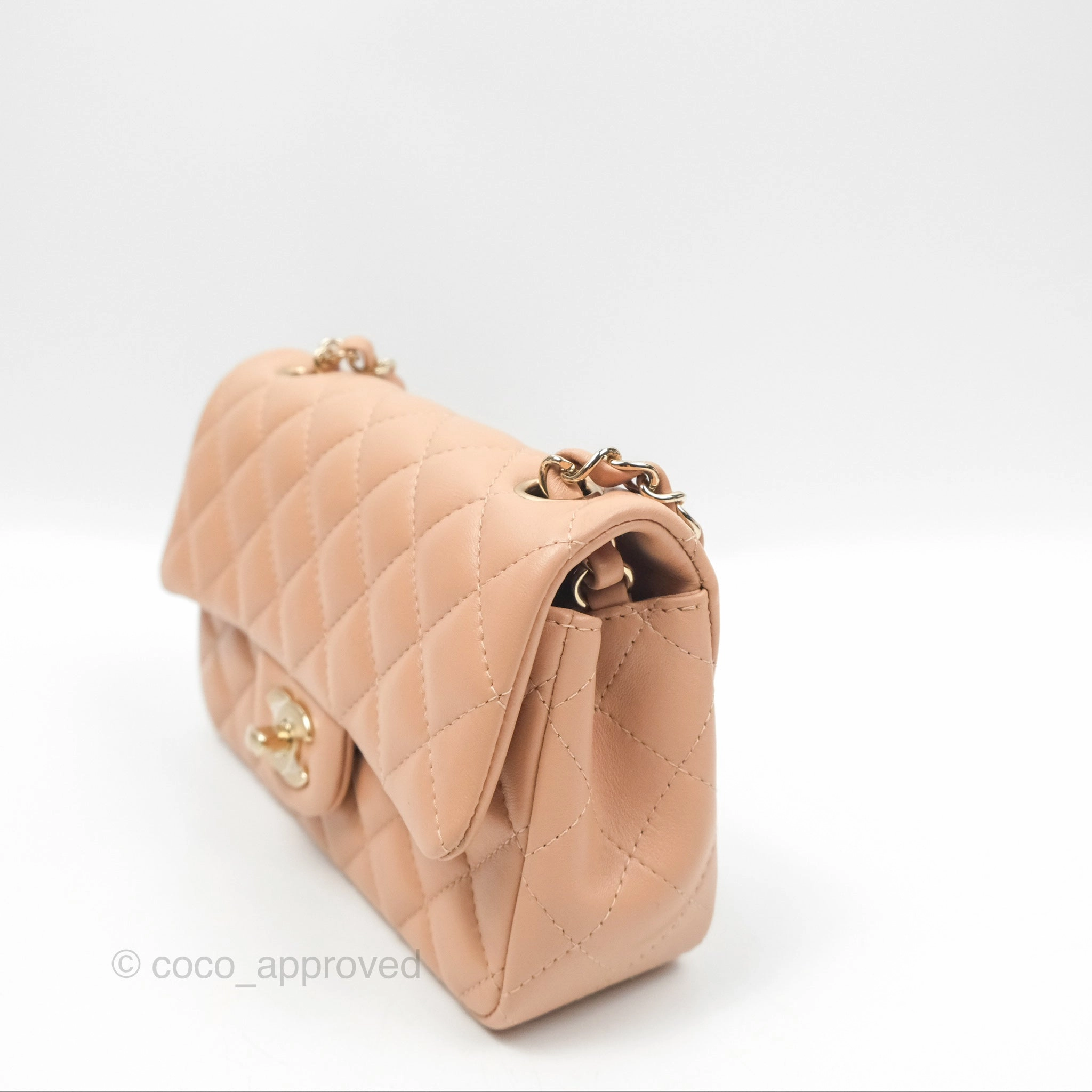 Chanel Quilted Mini Rectangular Flap Beige Lambskin Gold Hardware
