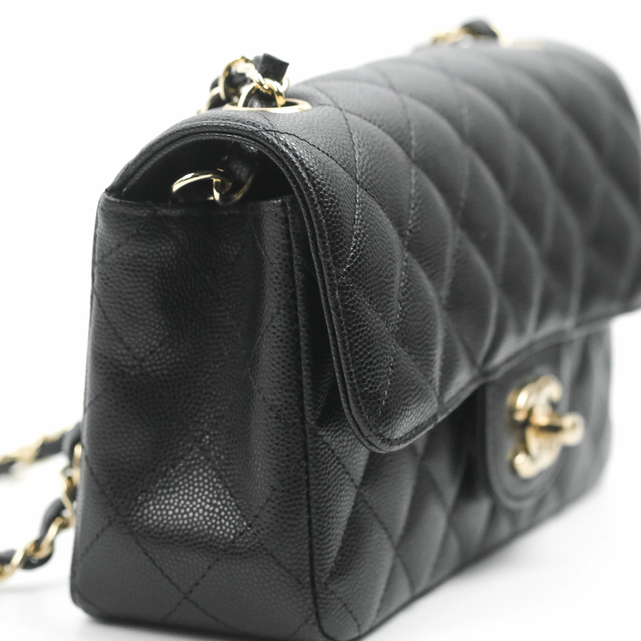 Chanel Quilted Mini Rectangular Flap Black Caviar Light Gold Hardware 17C