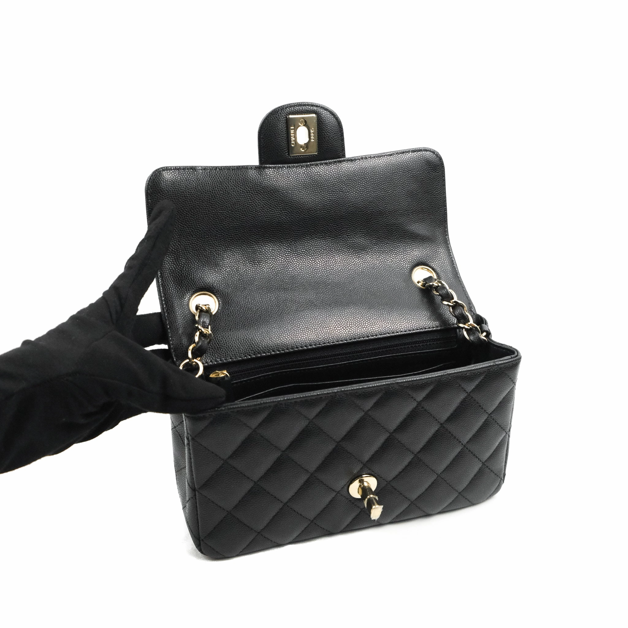 Chanel Quilted Mini Rectangular Flap Black Caviar Light Gold Hardware 17C