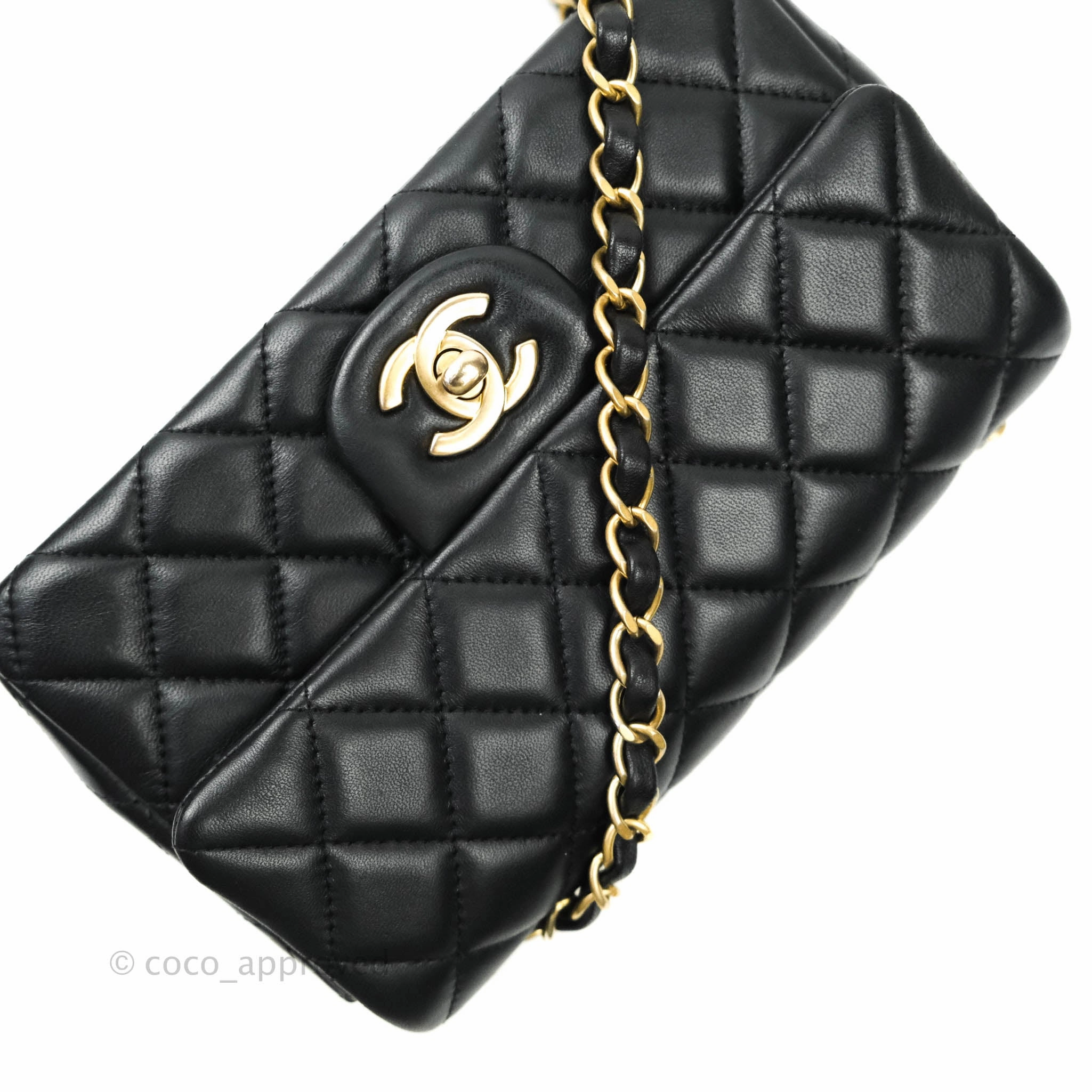 Chanel Quilted Mini Rectangular Flap Black Lambskin Aged Gold Hardware