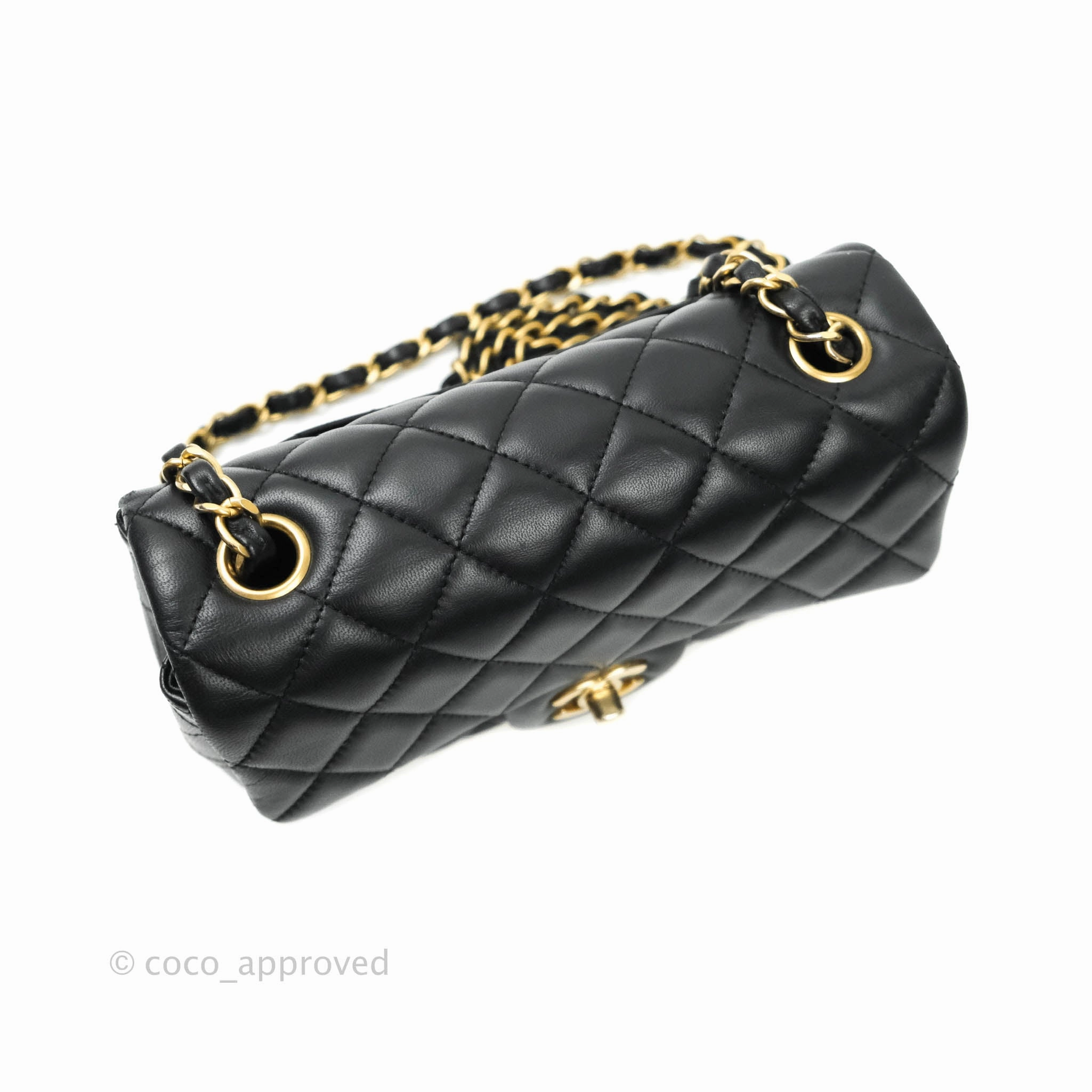 Chanel Quilted Mini Rectangular Flap Black Lambskin Aged Gold Hardware