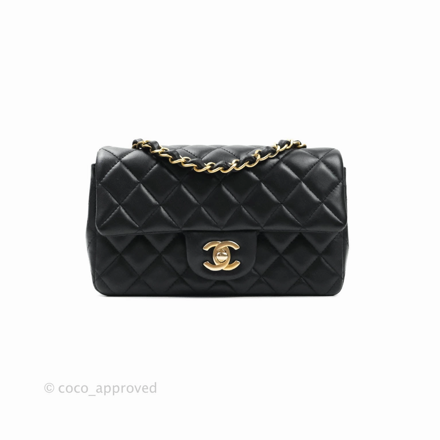 Chanel Quilted Mini Rectangular Flap Black Lambskin Aged Gold Hardware