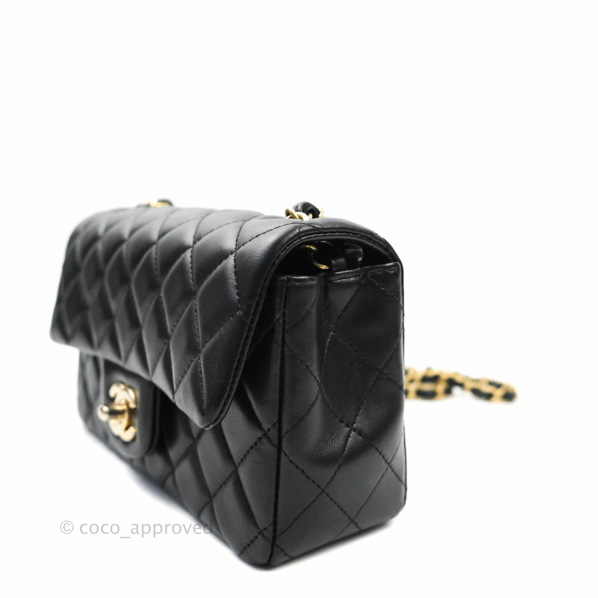 Chanel Quilted Mini Rectangular Flap Black Lambskin Aged Gold Hardware