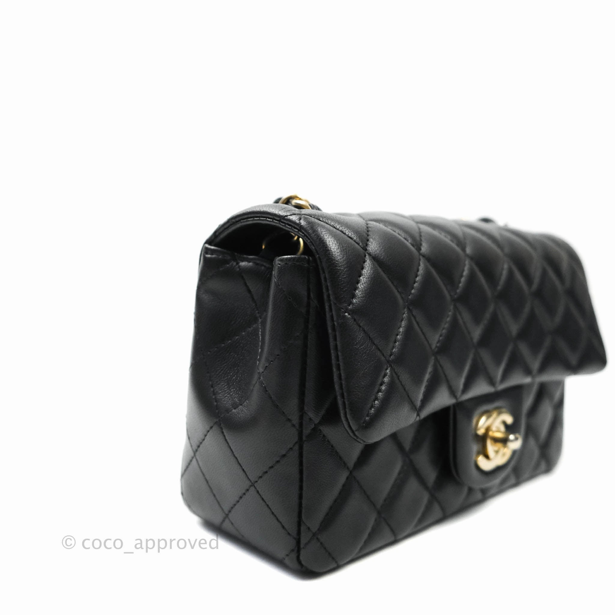 Chanel Quilted Mini Rectangular Flap Black Lambskin Aged Gold Hardware