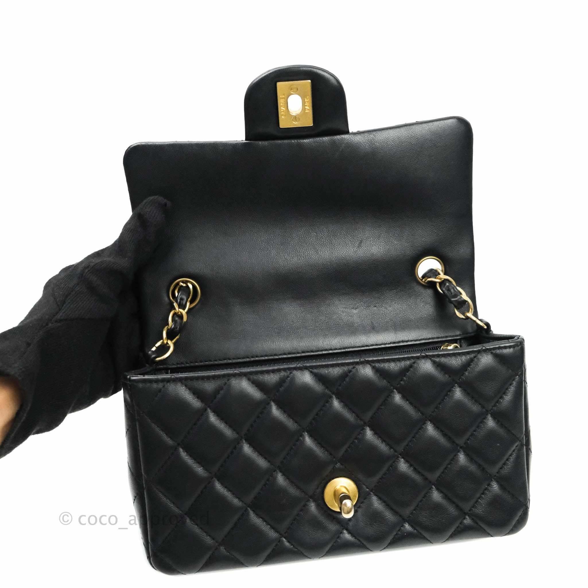 Chanel Quilted Mini Rectangular Flap Black Lambskin Aged Gold Hardware