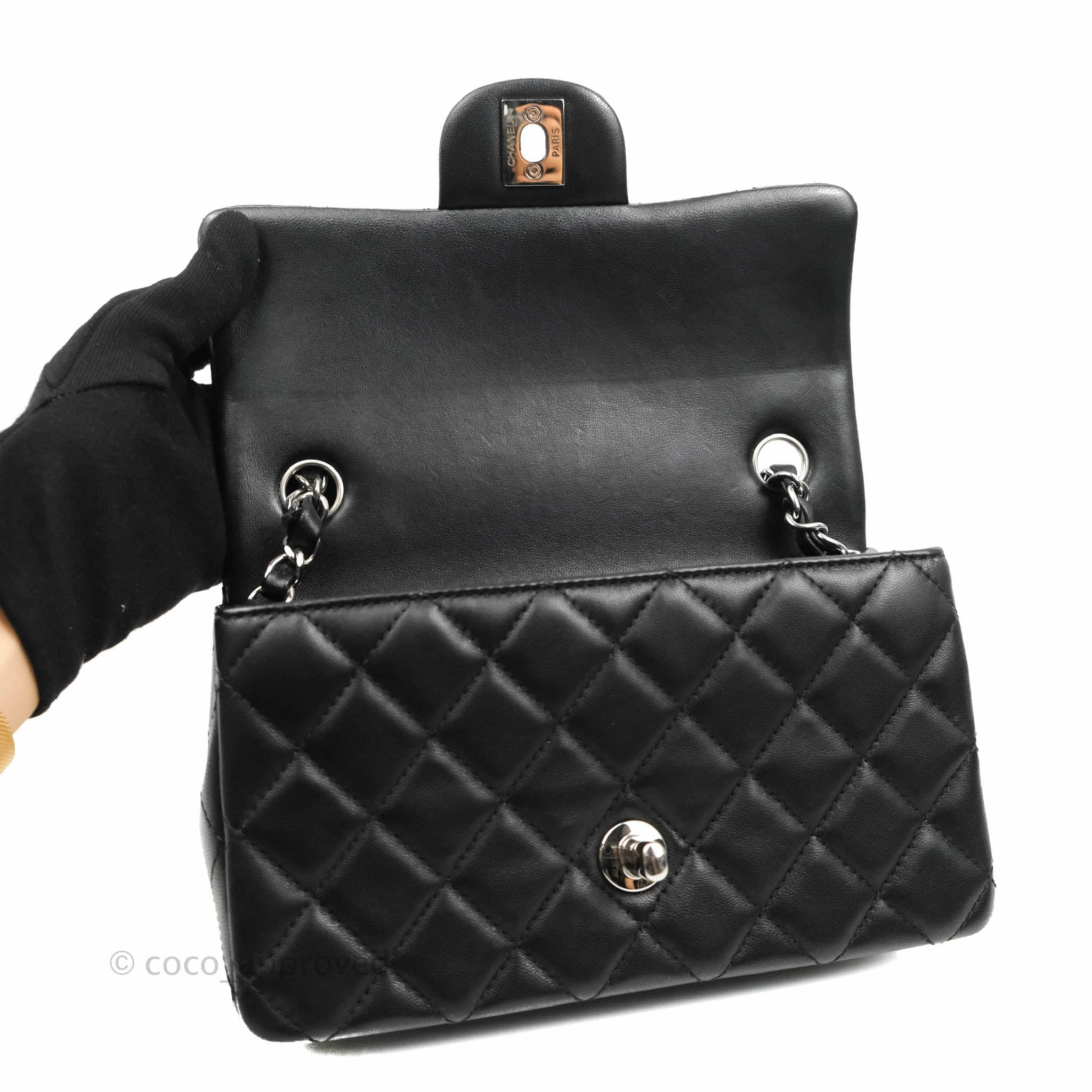 Chanel Quilted Mini Rectangular Flap Black Lambskin Silver Hardware