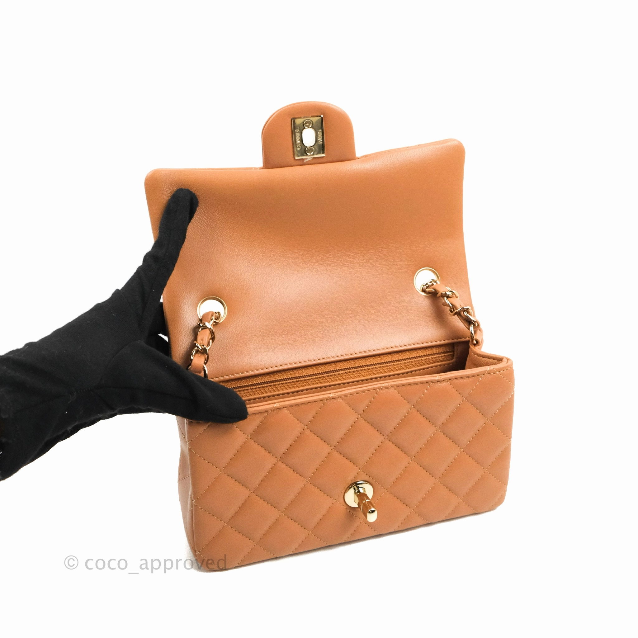 Chanel Quilted Mini Rectangular Flap Caramel Lambskin Gold Hardware 21P