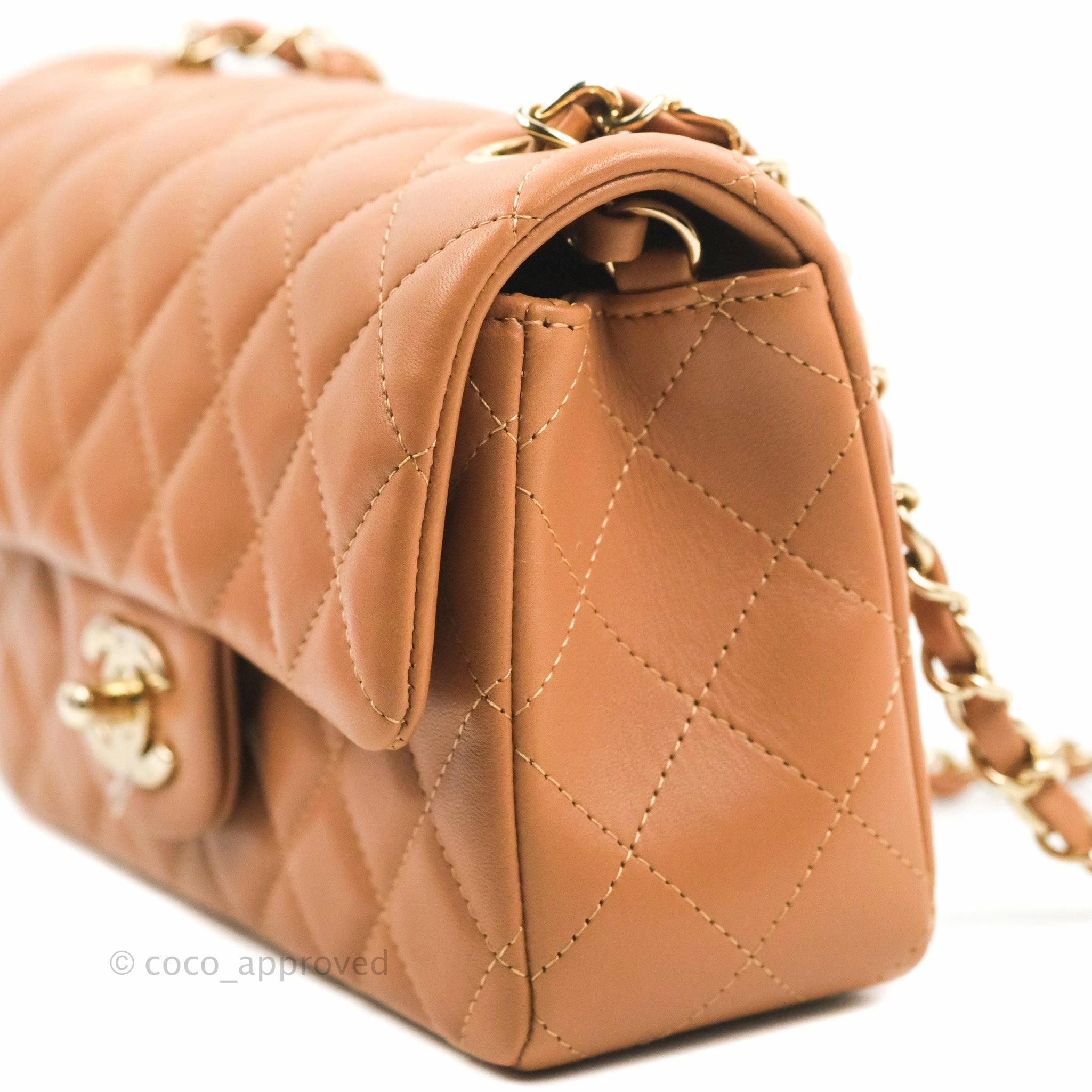 Chanel Quilted Mini Rectangular Flap Caramel Lambskin Gold Hardware 21P