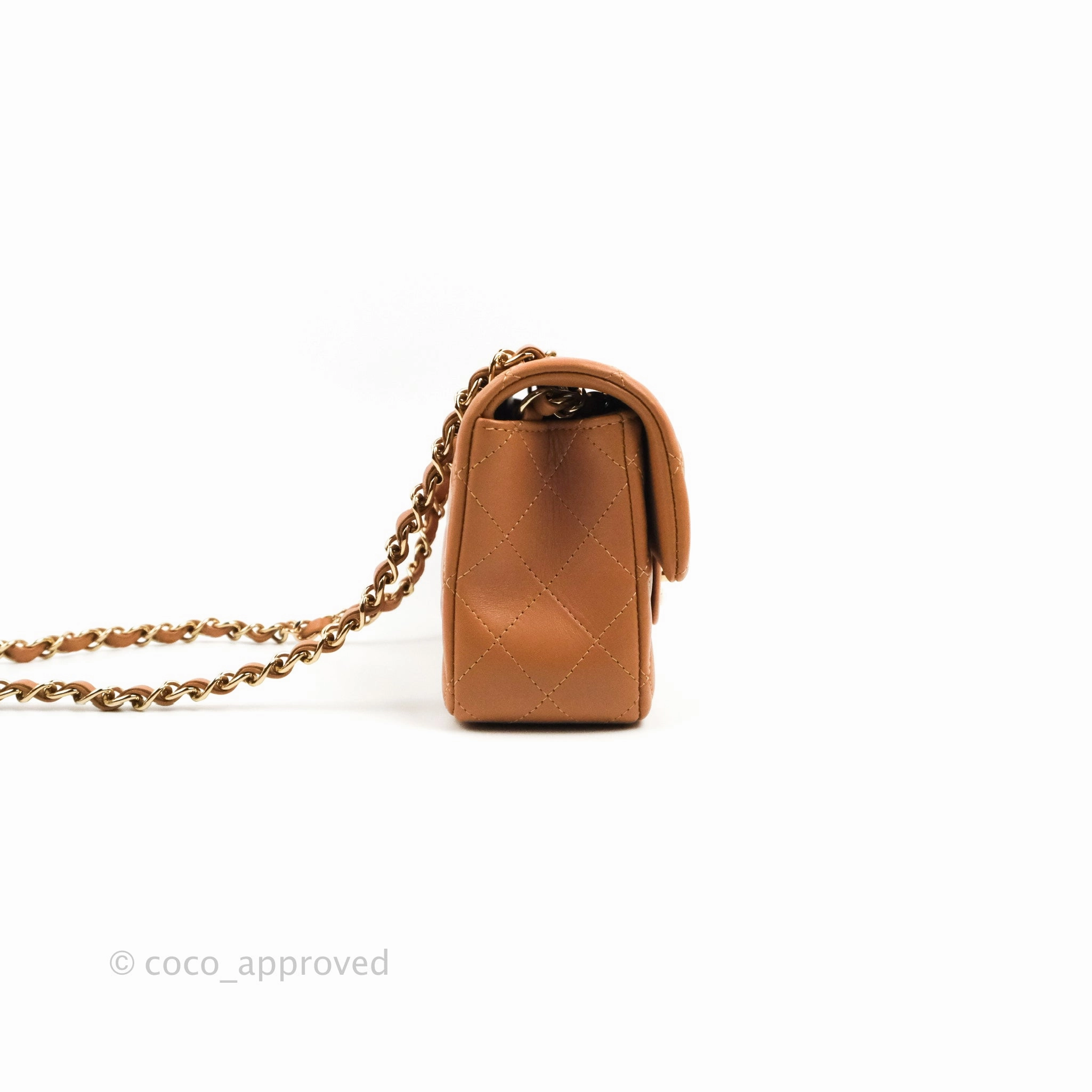 Chanel Quilted Mini Rectangular Flap Caramel Lambskin Gold Hardware 21P