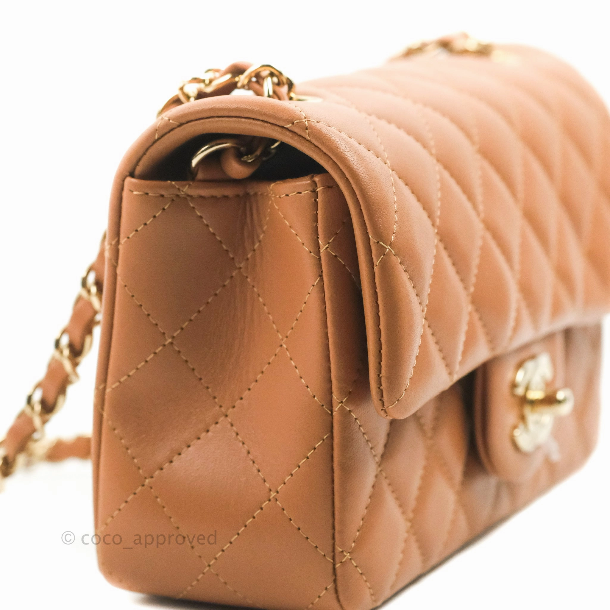 Chanel Quilted Mini Rectangular Flap Caramel Lambskin Gold Hardware 21P