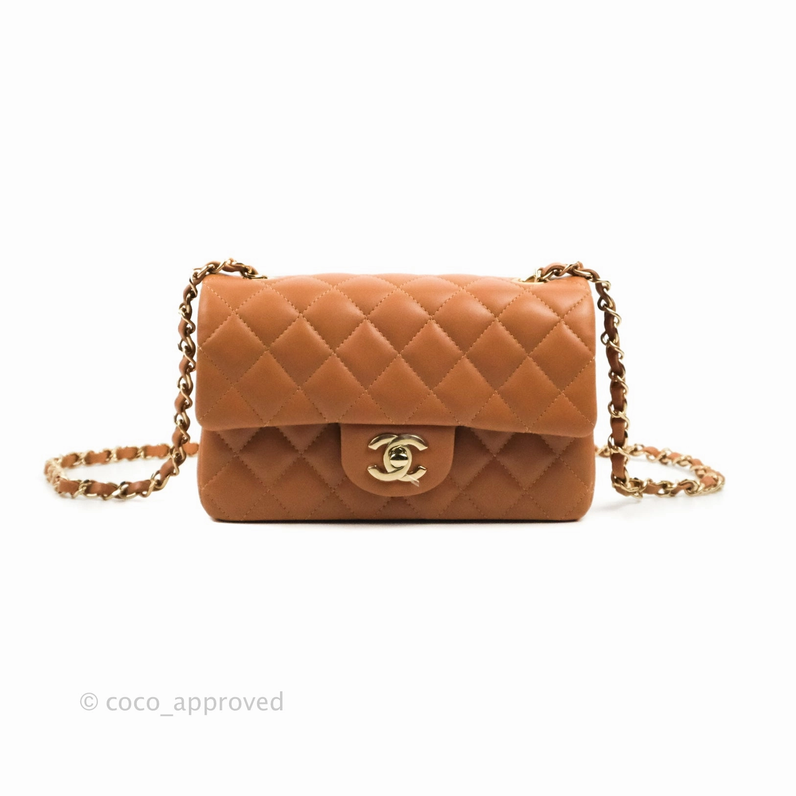 Chanel Quilted Mini Rectangular Flap Caramel Lambskin Gold Hardware 21P