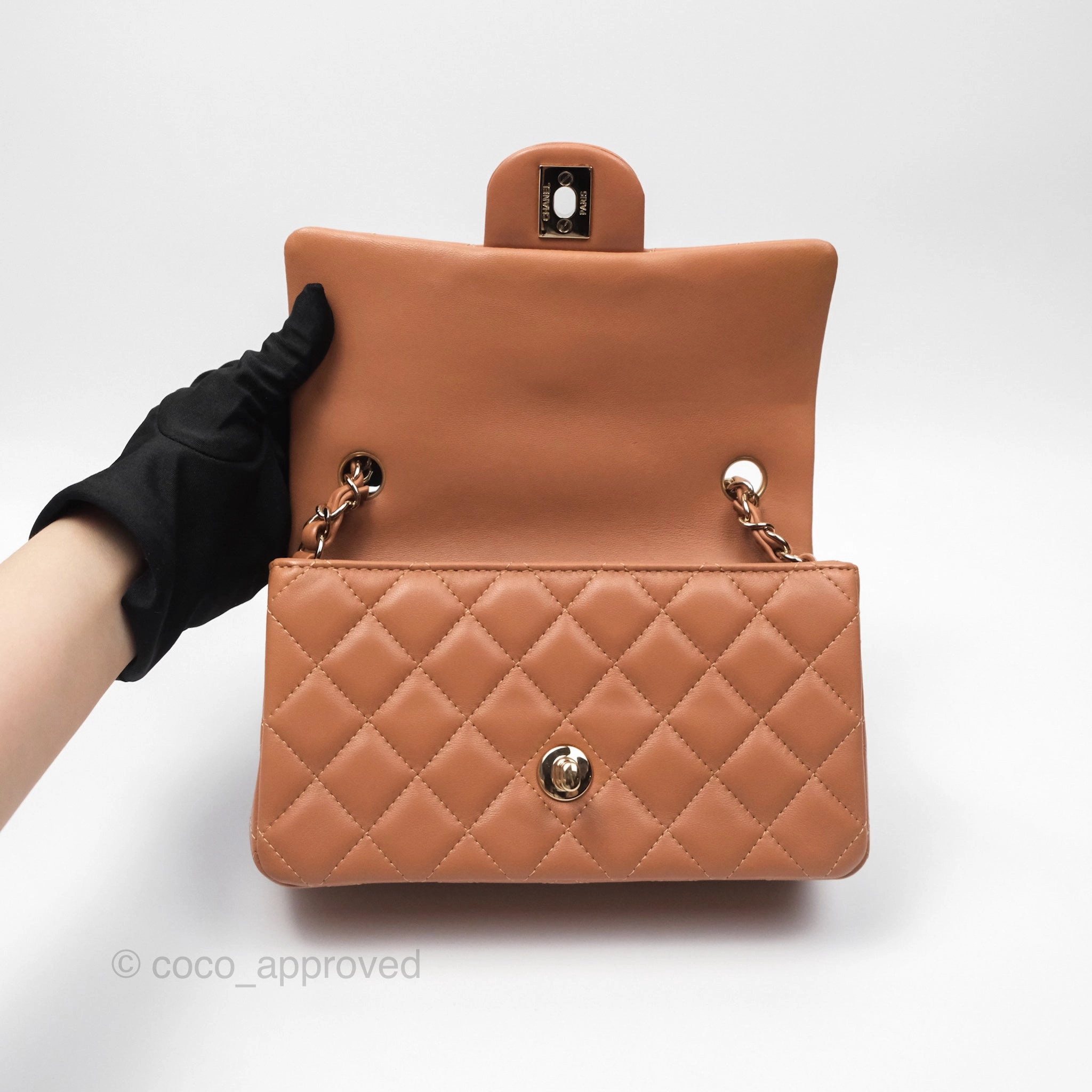 Chanel Quilted Mini Rectangular Flap Caramel Lambskin Gold Hardware