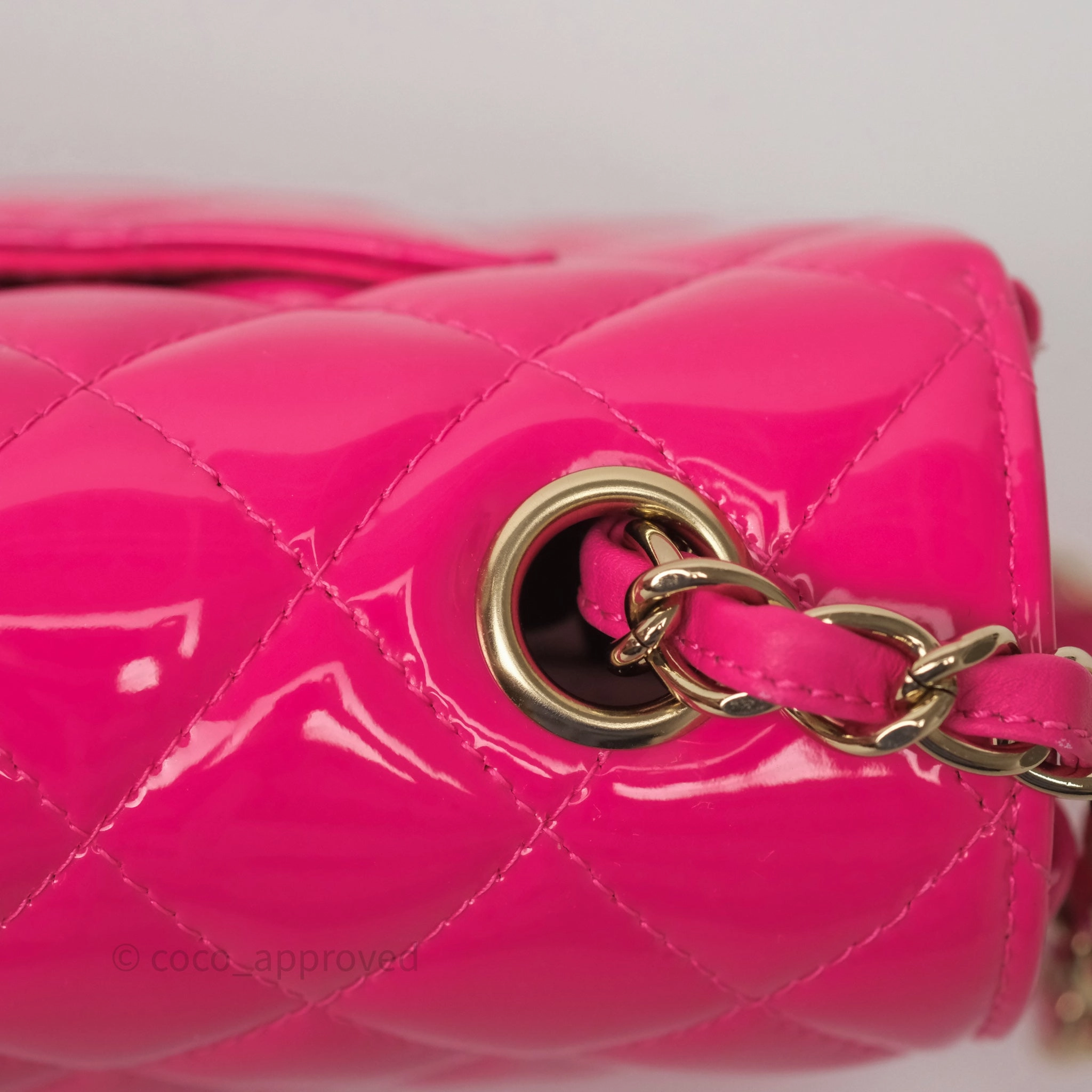 Chanel Quilted Mini Rectangular Flap Neo Pink Patent Gold Hardware