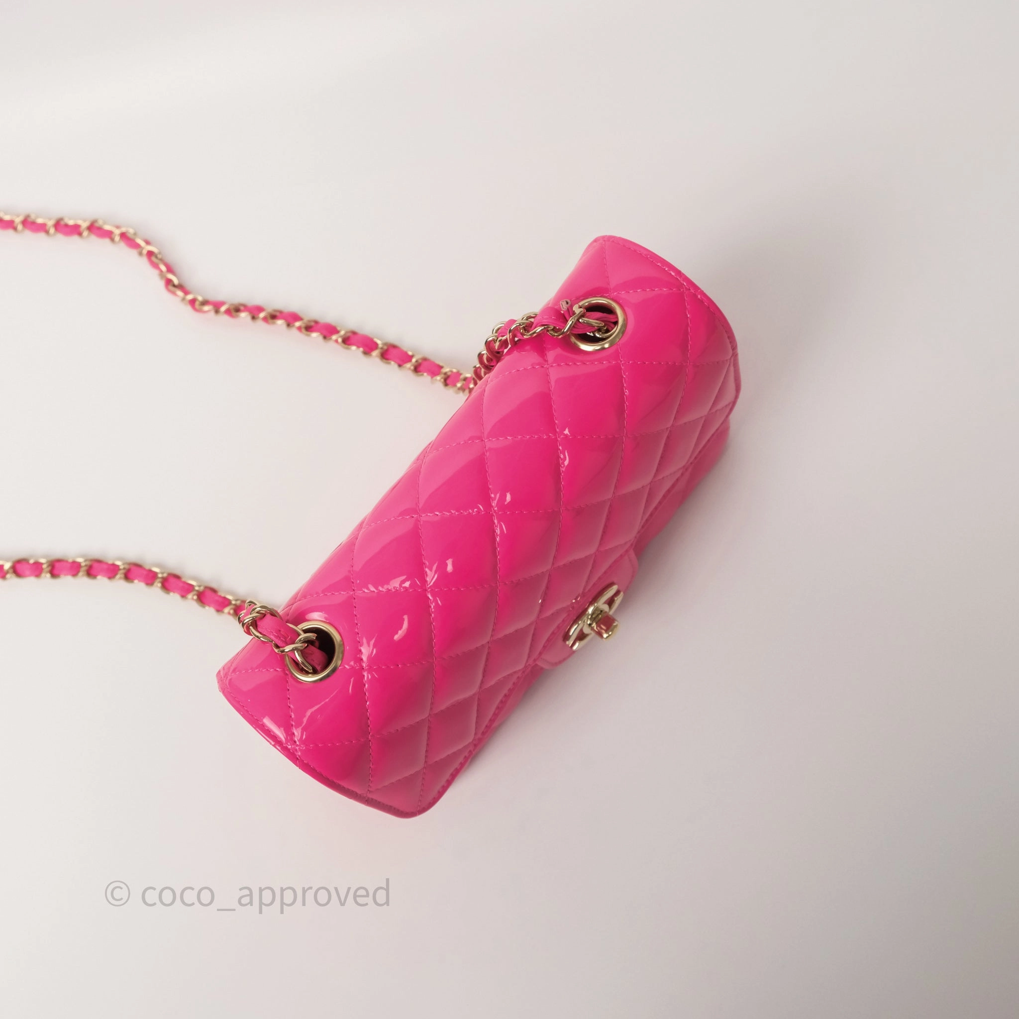 Chanel Quilted Mini Rectangular Flap Neo Pink Patent Gold Hardware