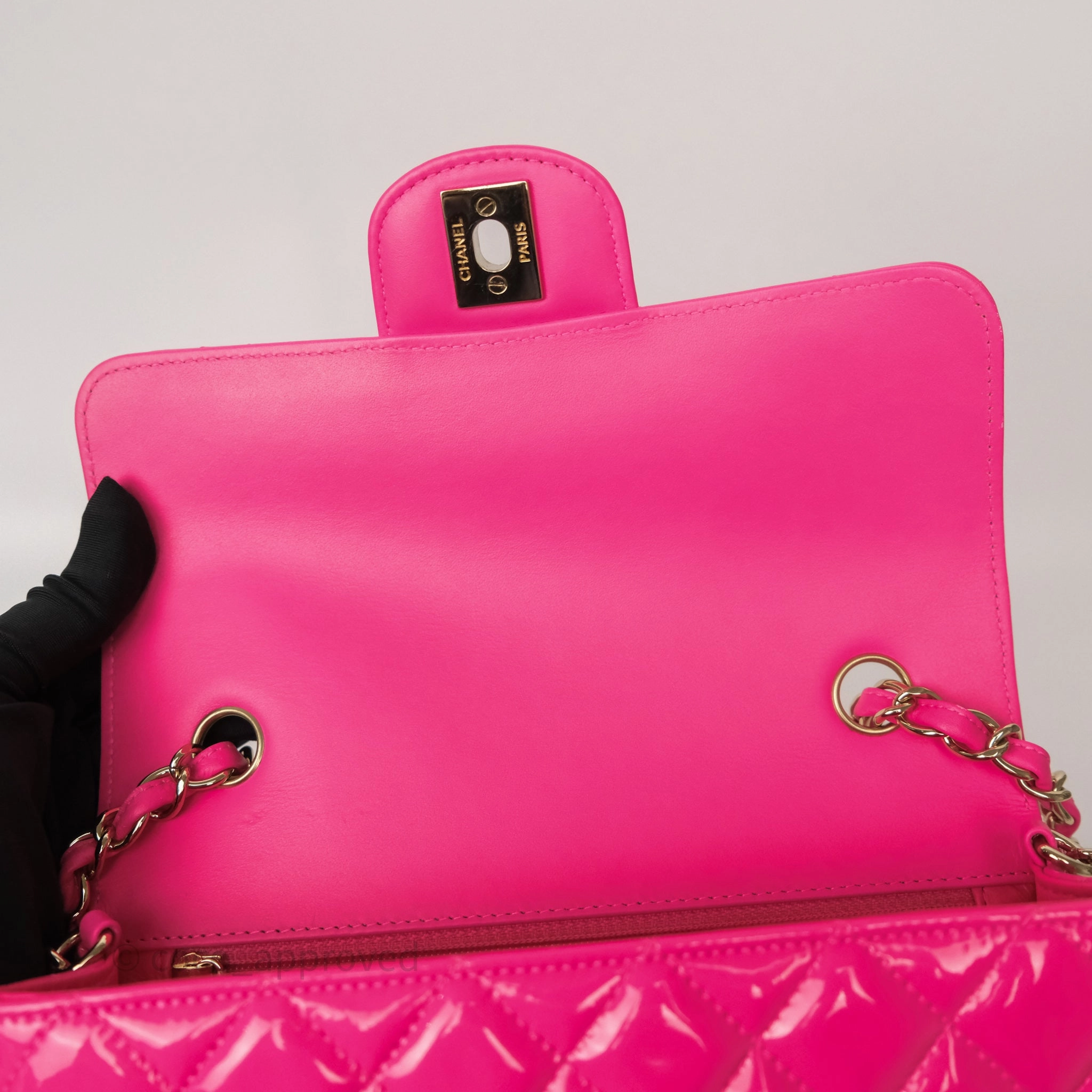 Chanel Quilted Mini Rectangular Flap Neo Pink Patent Gold Hardware