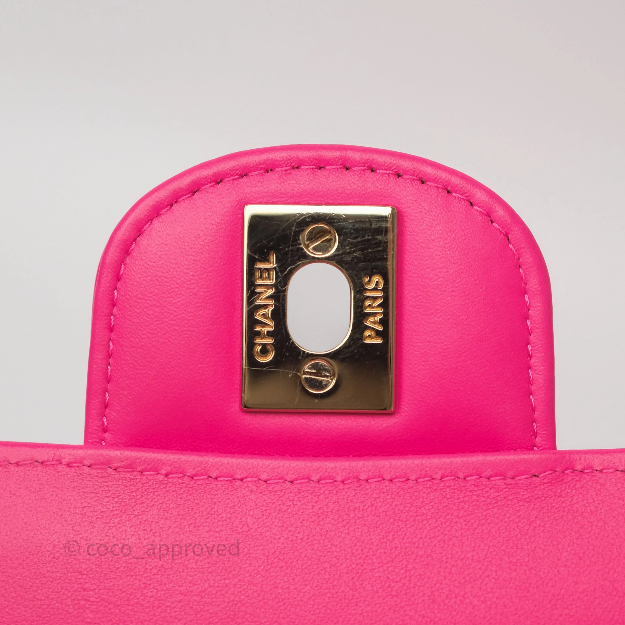 Chanel Quilted Mini Rectangular Flap Neo Pink Patent Gold Hardware
