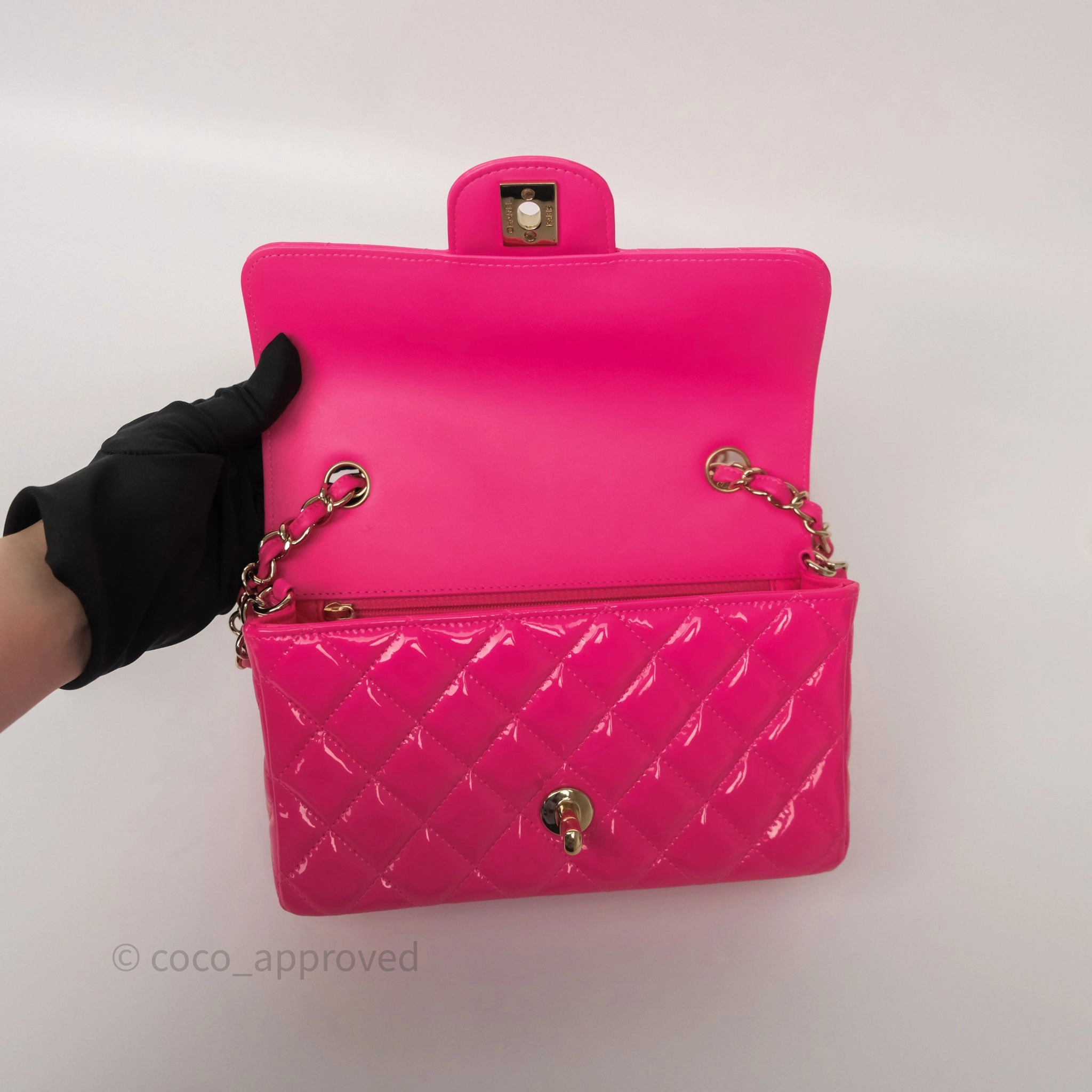 Chanel Quilted Mini Rectangular Flap Neo Pink Patent Gold Hardware
