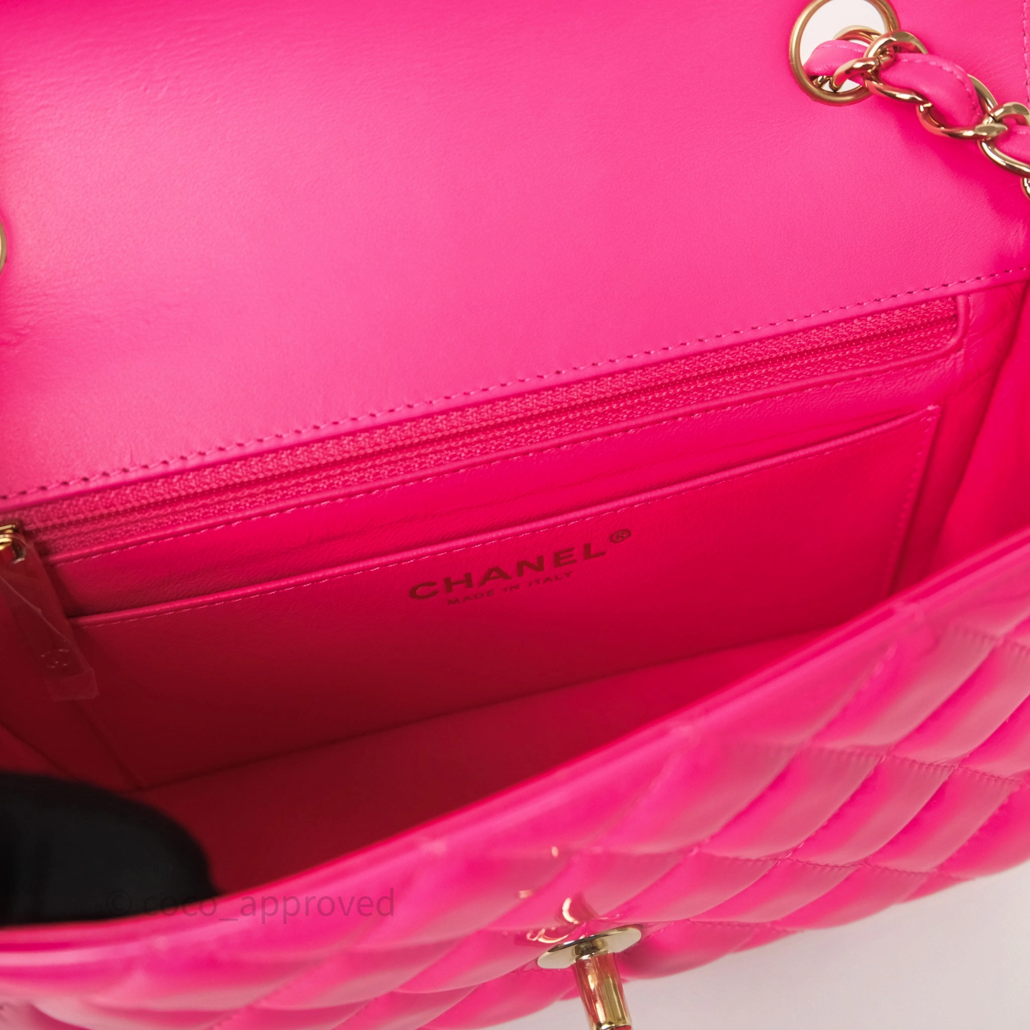 Chanel Quilted Mini Rectangular Flap Neo Pink Patent Gold Hardware