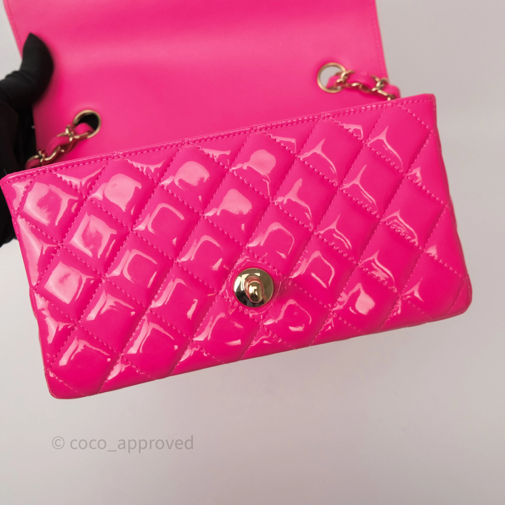 Chanel Quilted Mini Rectangular Flap Neo Pink Patent Gold Hardware