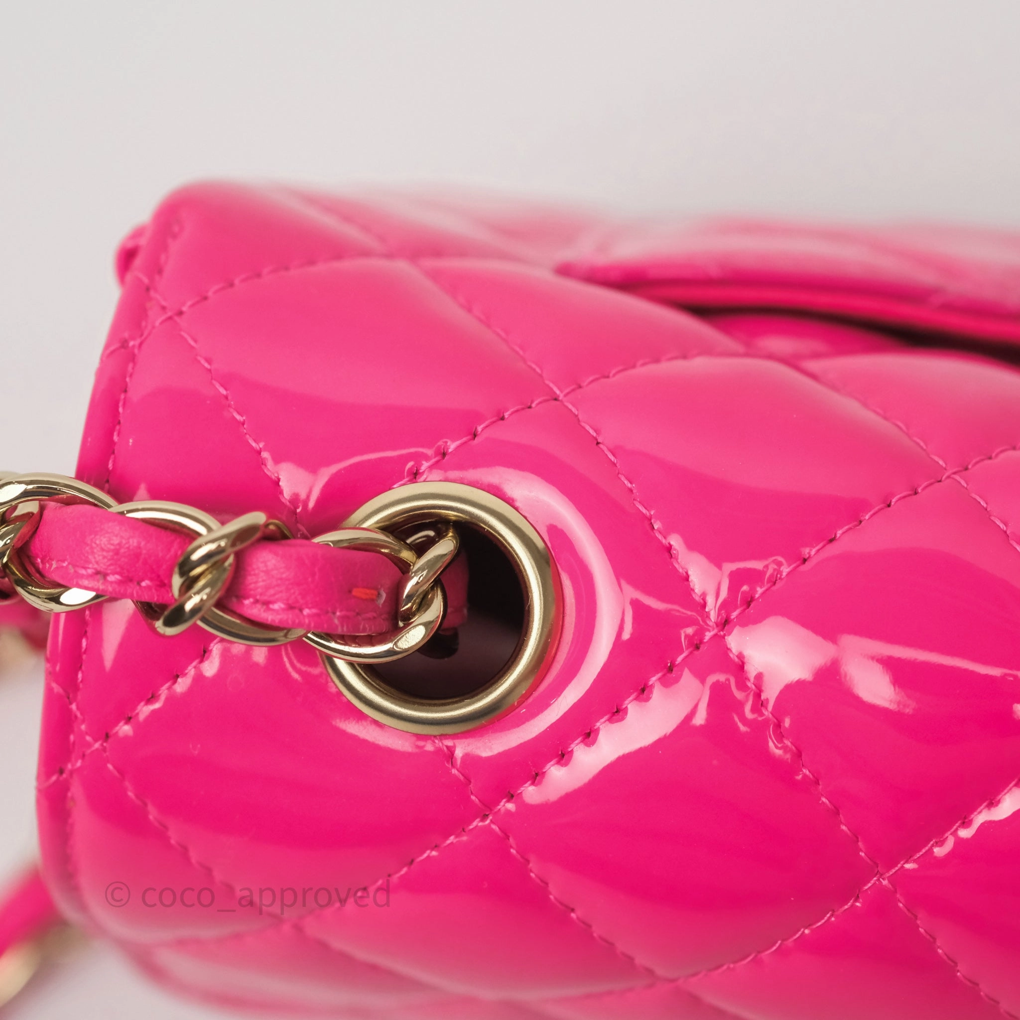 Chanel Quilted Mini Rectangular Flap Neo Pink Patent Gold Hardware
