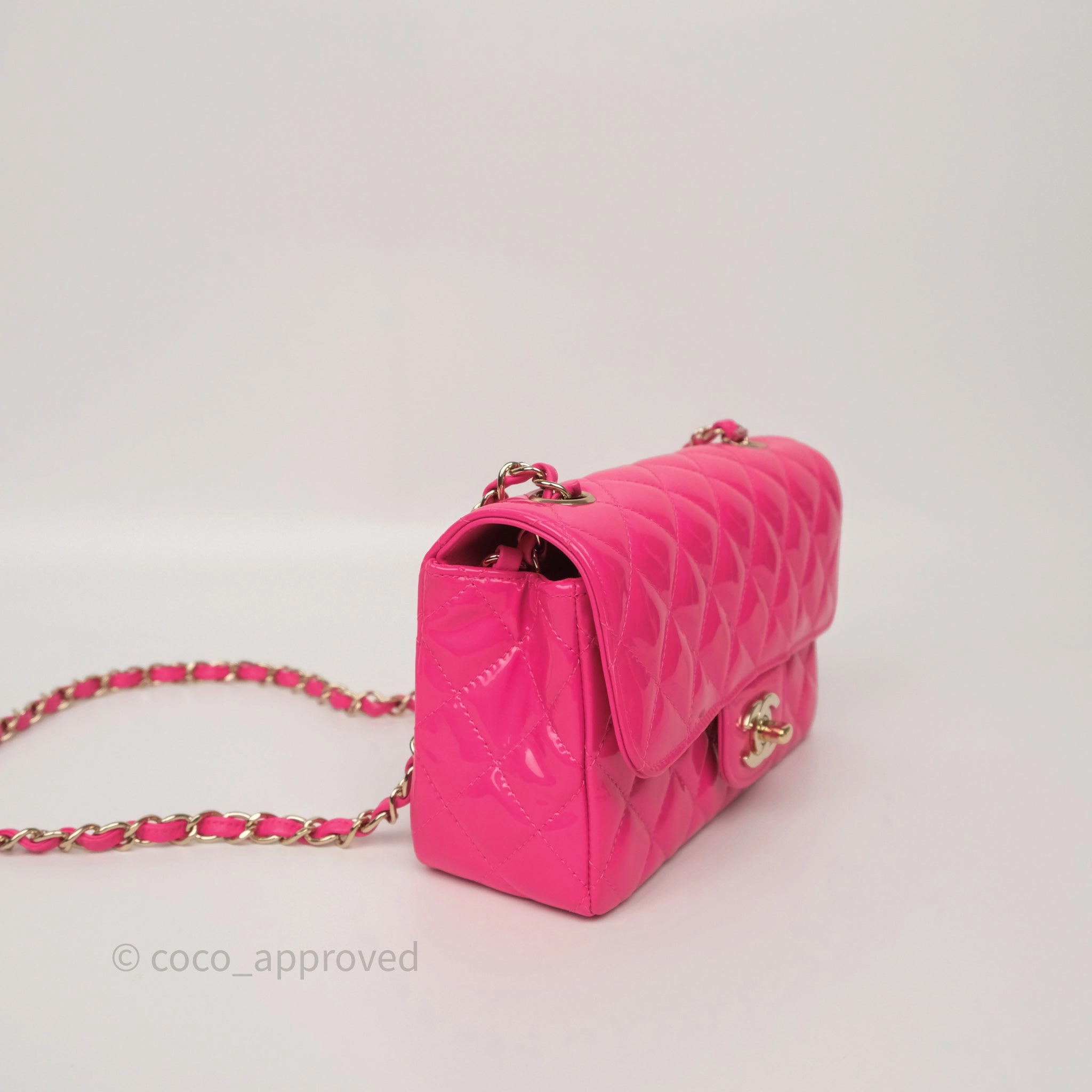 Chanel Quilted Mini Rectangular Flap Neo Pink Patent Gold Hardware