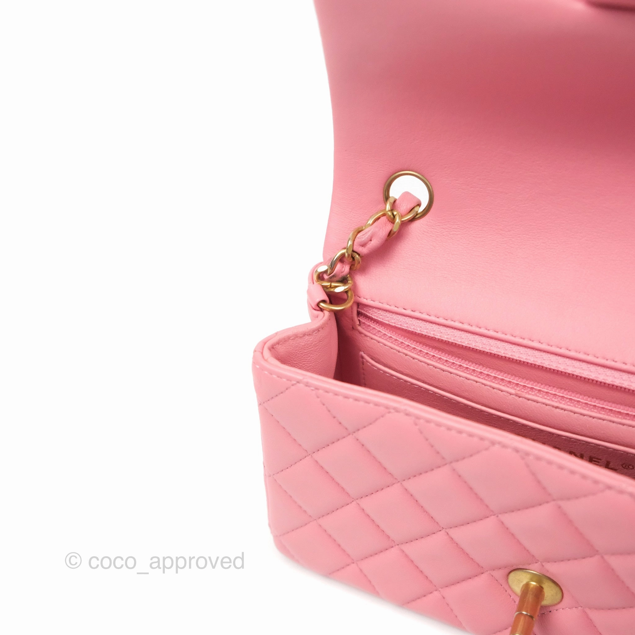 Chanel Quilted Mini Rectangular Flap Pink Lambskin Aged Gold Hardware
