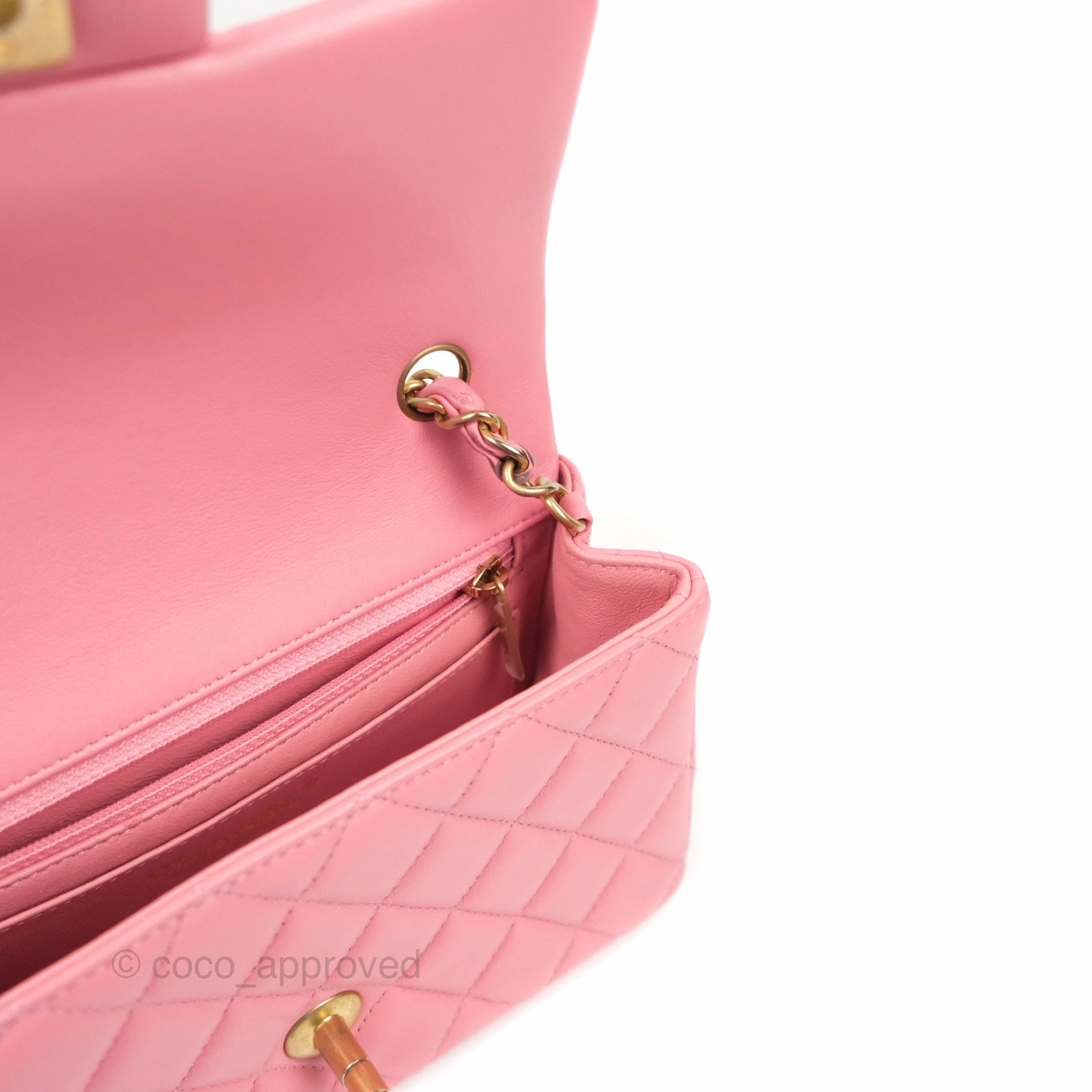 Chanel Quilted Mini Rectangular Flap Pink Lambskin Aged Gold Hardware