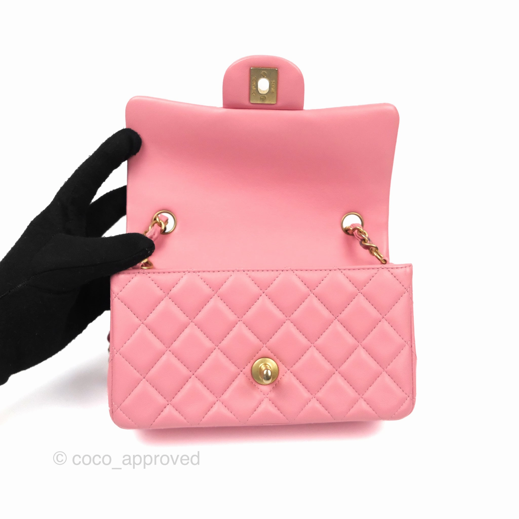 Chanel Quilted Mini Rectangular Flap Pink Lambskin Aged Gold Hardware