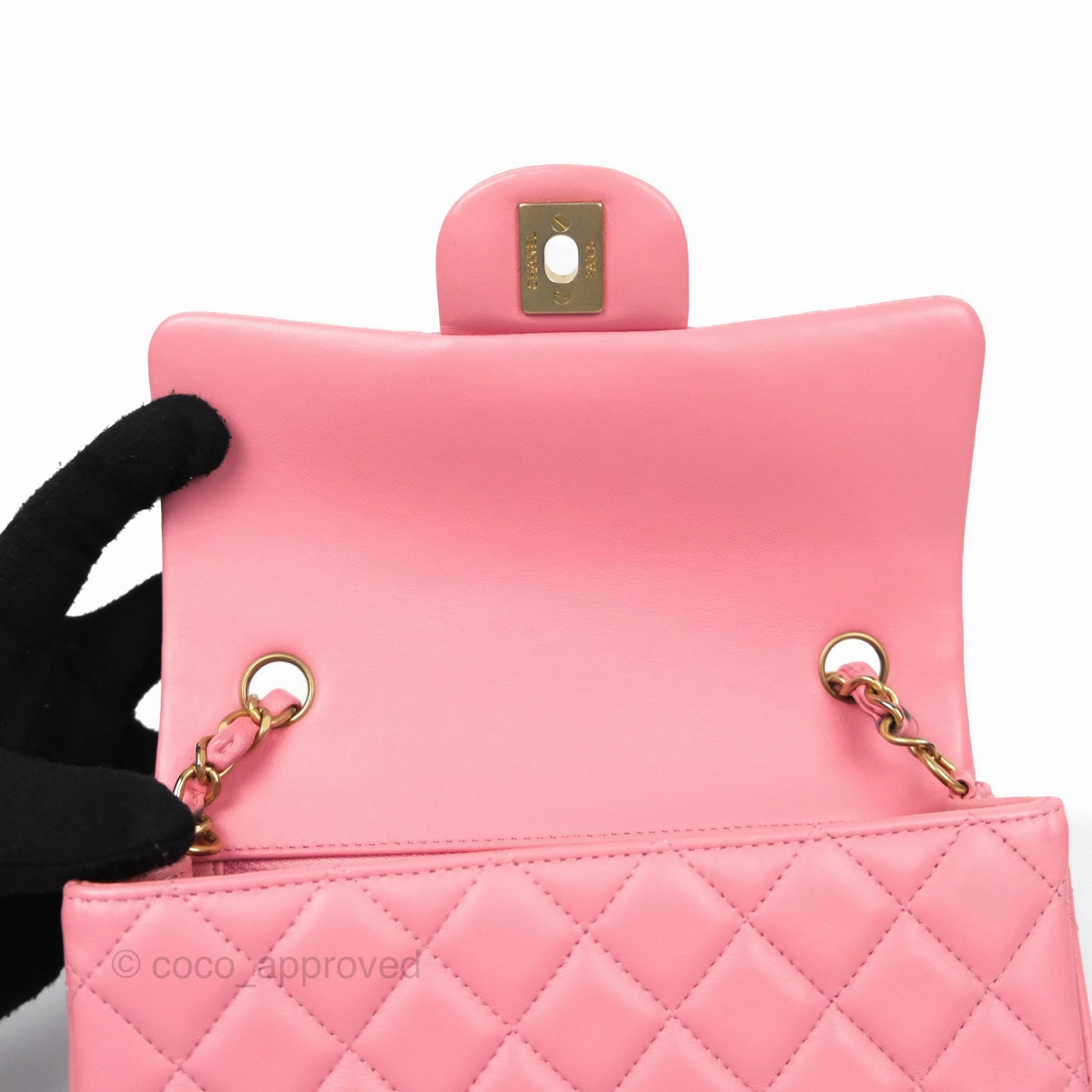 Chanel Quilted Mini Rectangular Flap Pink Lambskin Aged Gold Hardware