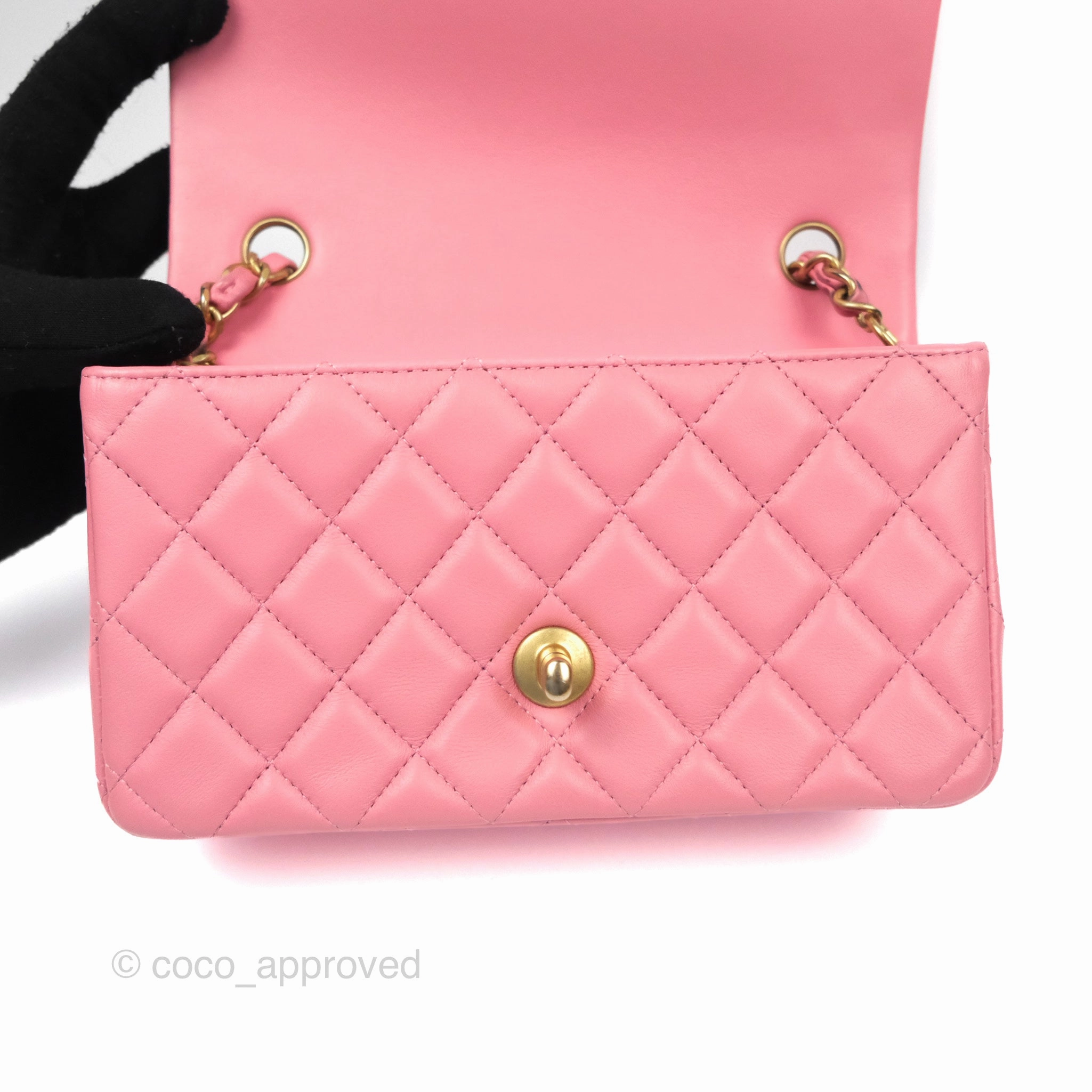 Chanel Quilted Mini Rectangular Flap Pink Lambskin Aged Gold Hardware