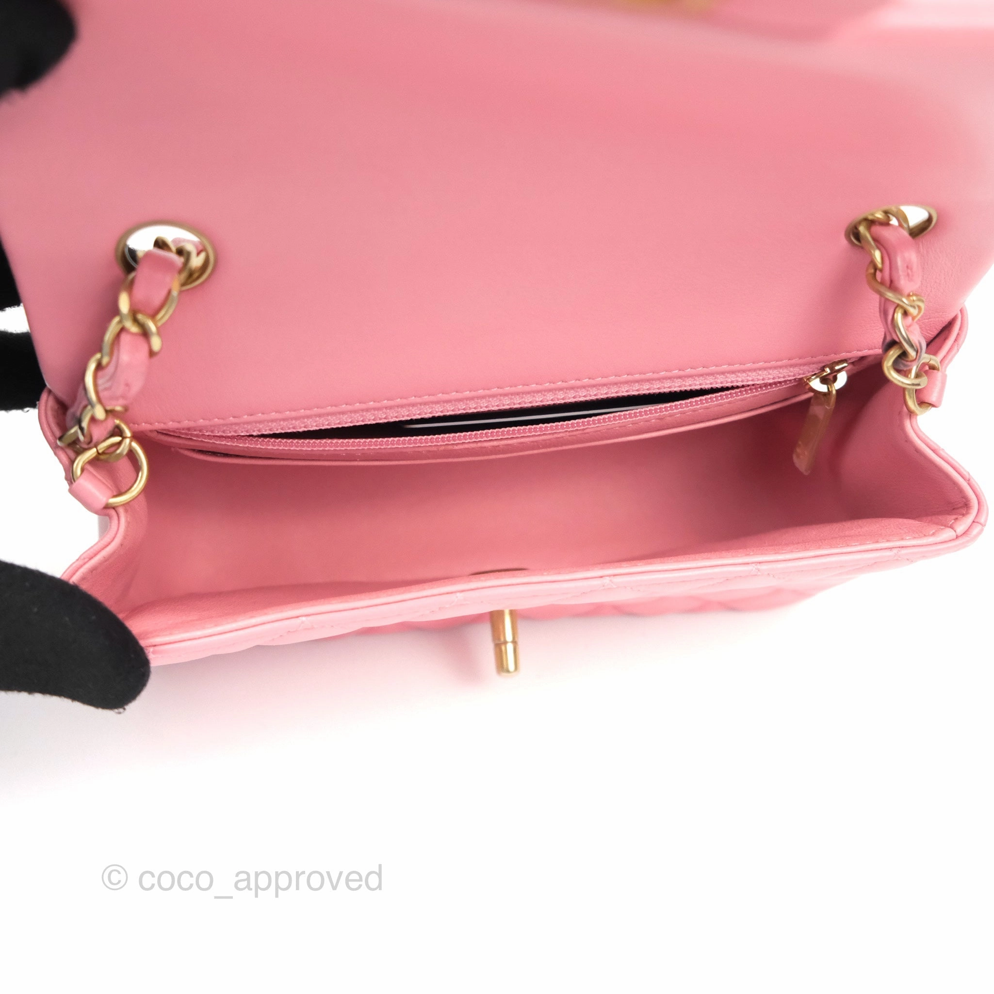 Chanel Quilted Mini Rectangular Flap Pink Lambskin Aged Gold Hardware