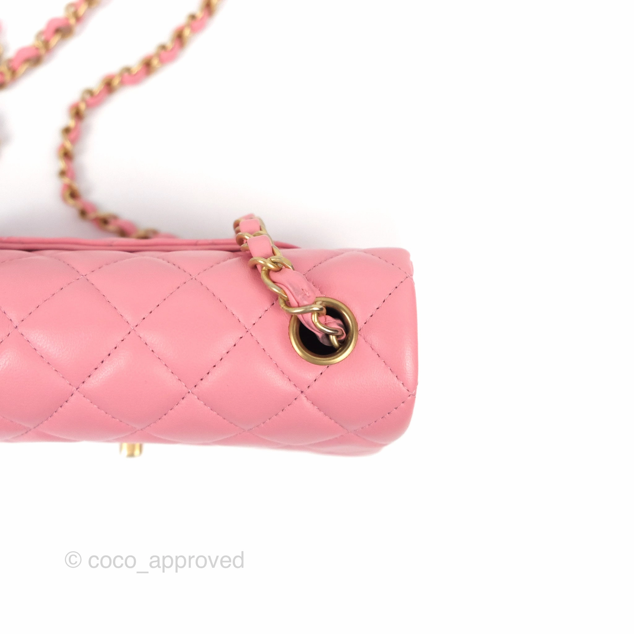 Chanel Quilted Mini Rectangular Flap Pink Lambskin Aged Gold Hardware