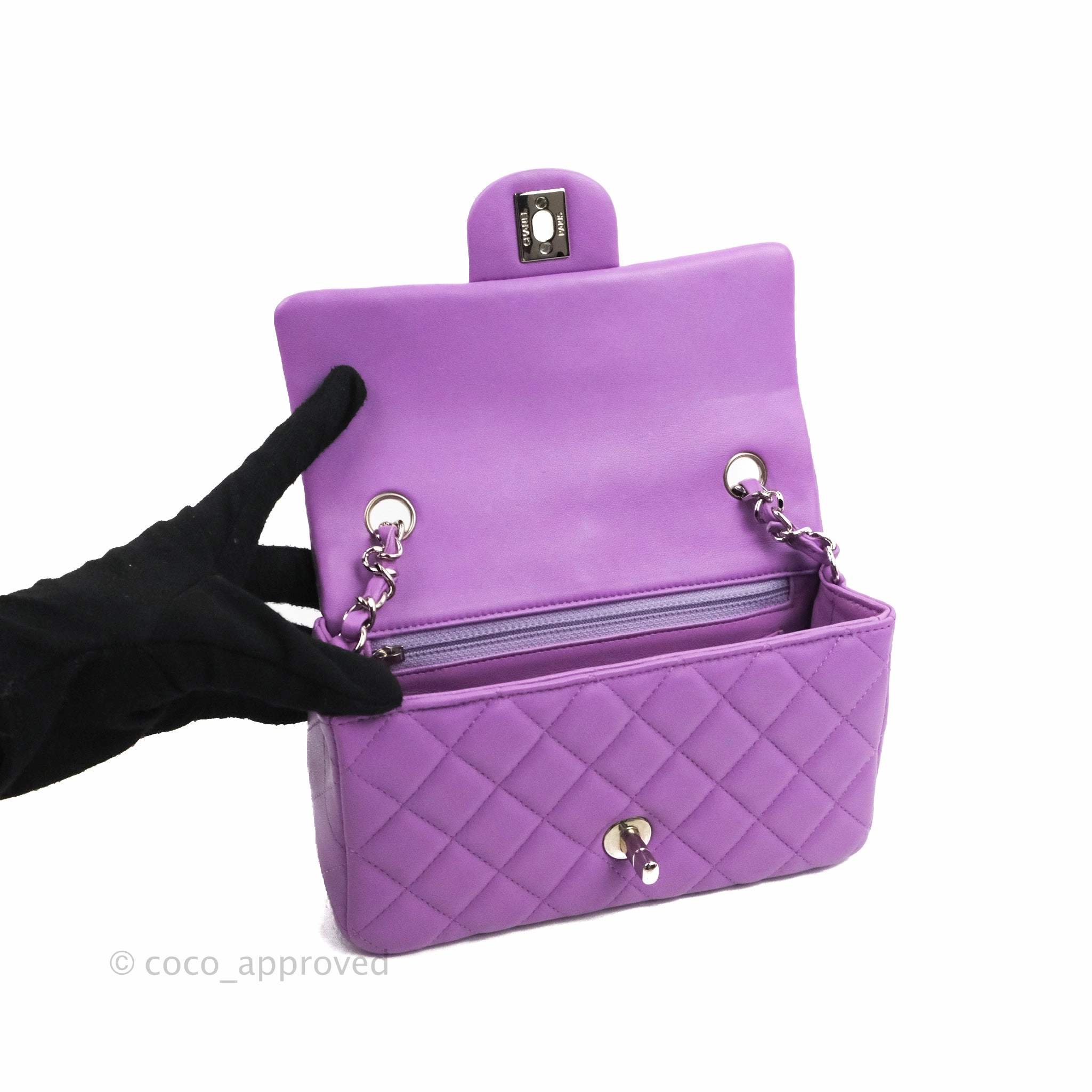 Chanel Quilted Mini Rectangular Flap Purple Lambskin Silver Hardware