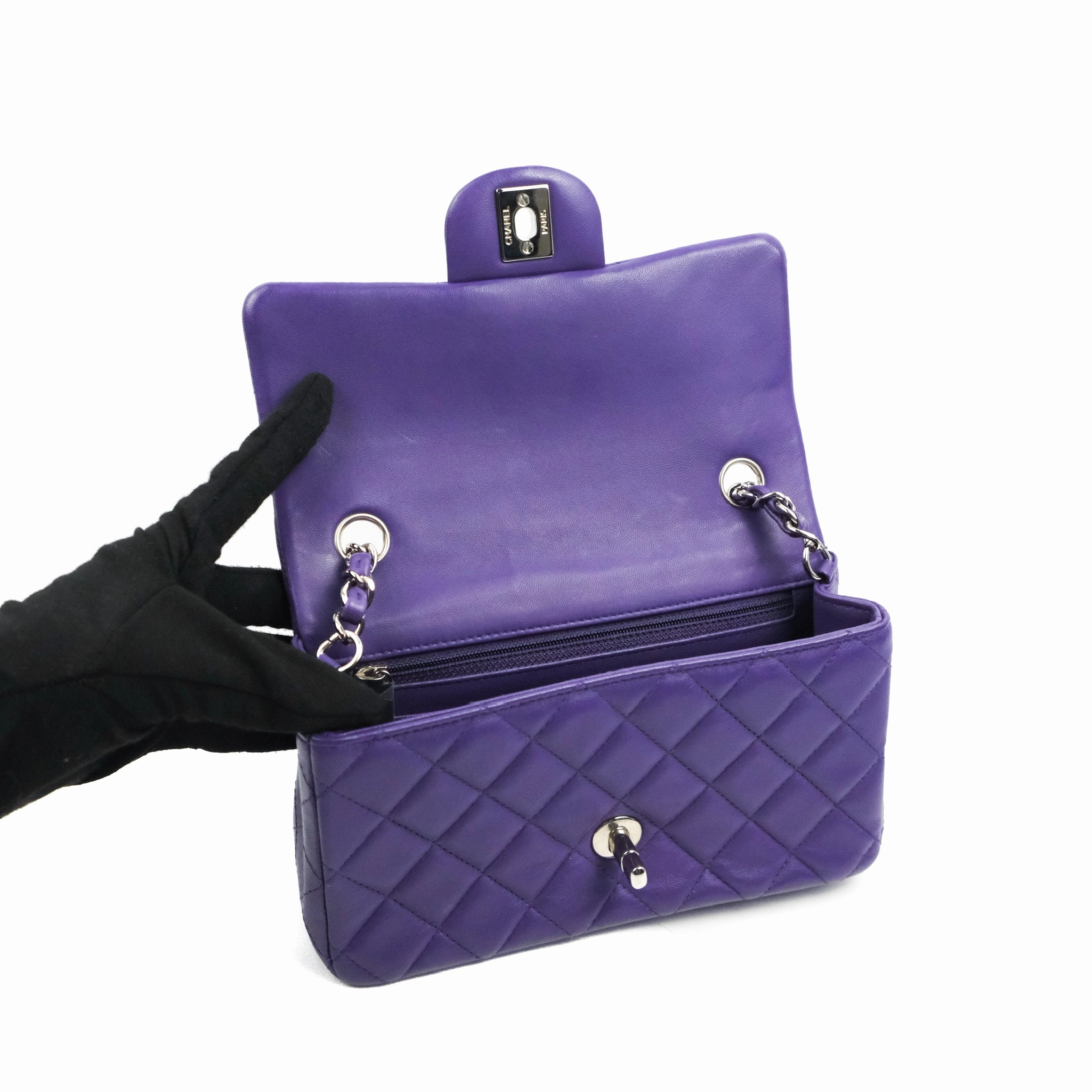 Chanel Quilted Mini Rectangular Flap Purple Lambskin Silver Hardware