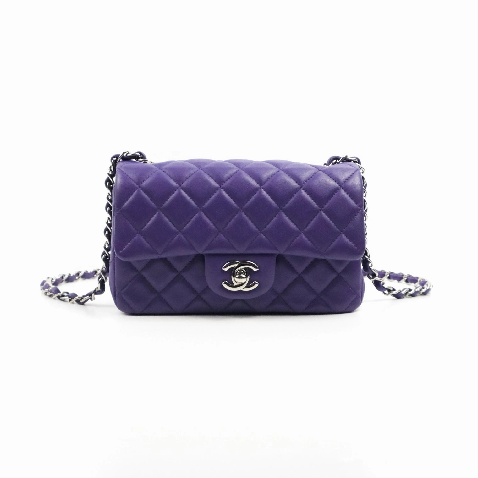 Chanel Quilted Mini Rectangular Flap Purple Lambskin Silver Hardware