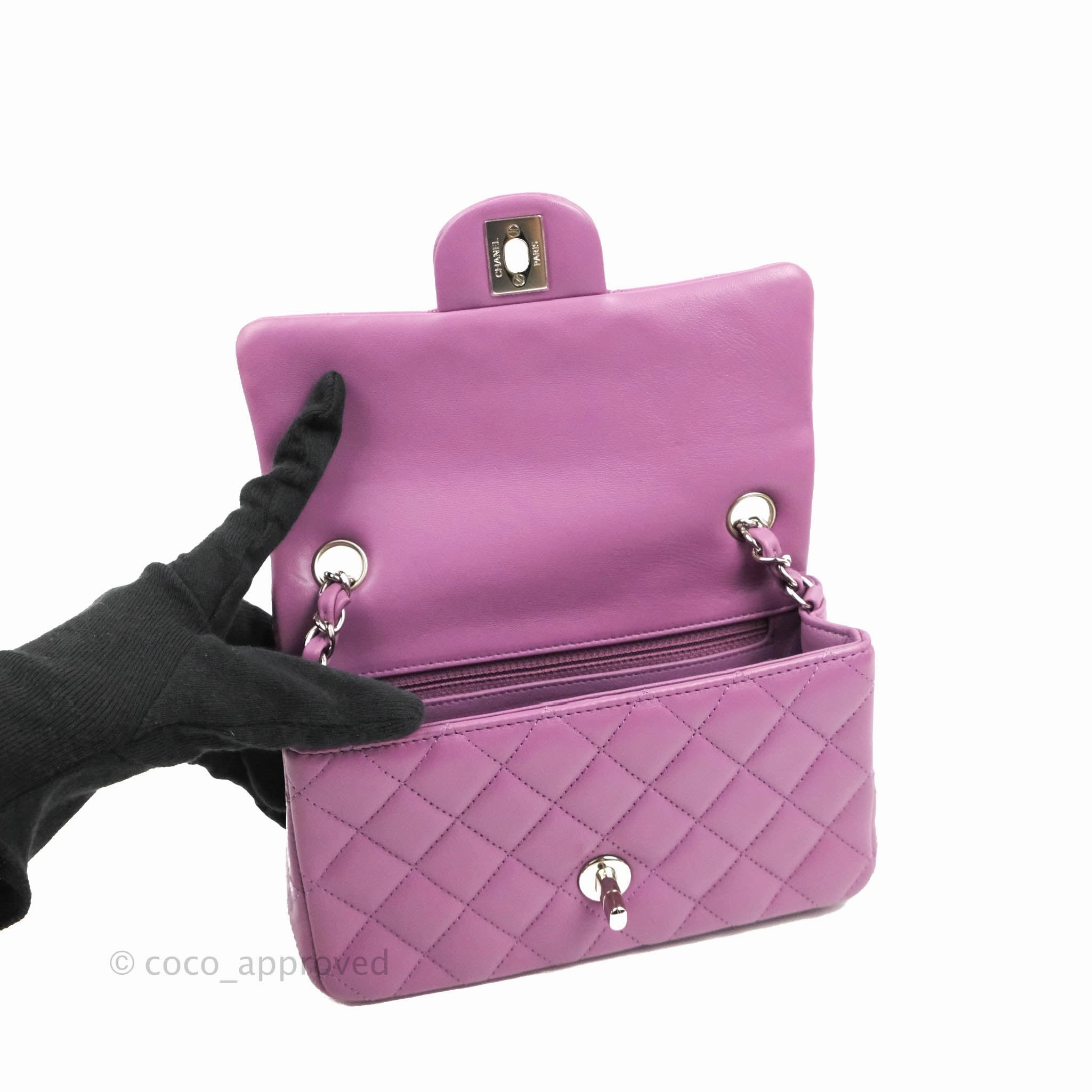 Chanel Quilted Mini Rectangular Flap Purple Lambskin Silver Hardware