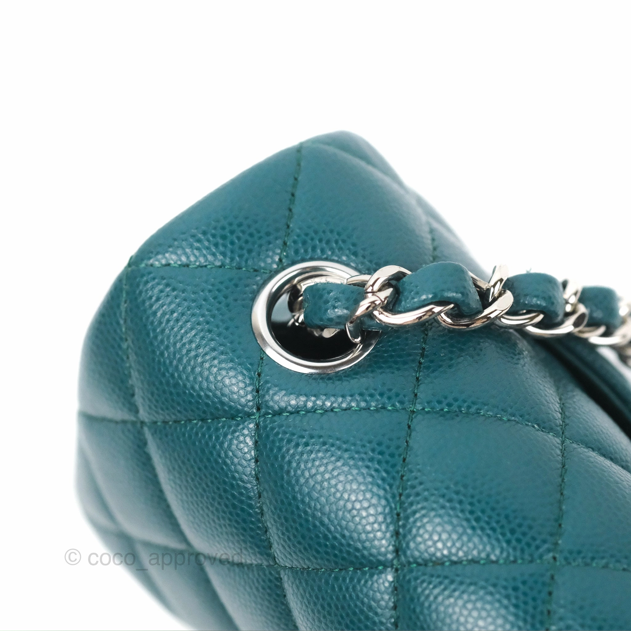 Chanel Quilted Mini Rectangular Flap Teal Green Caviar Silver Hardware