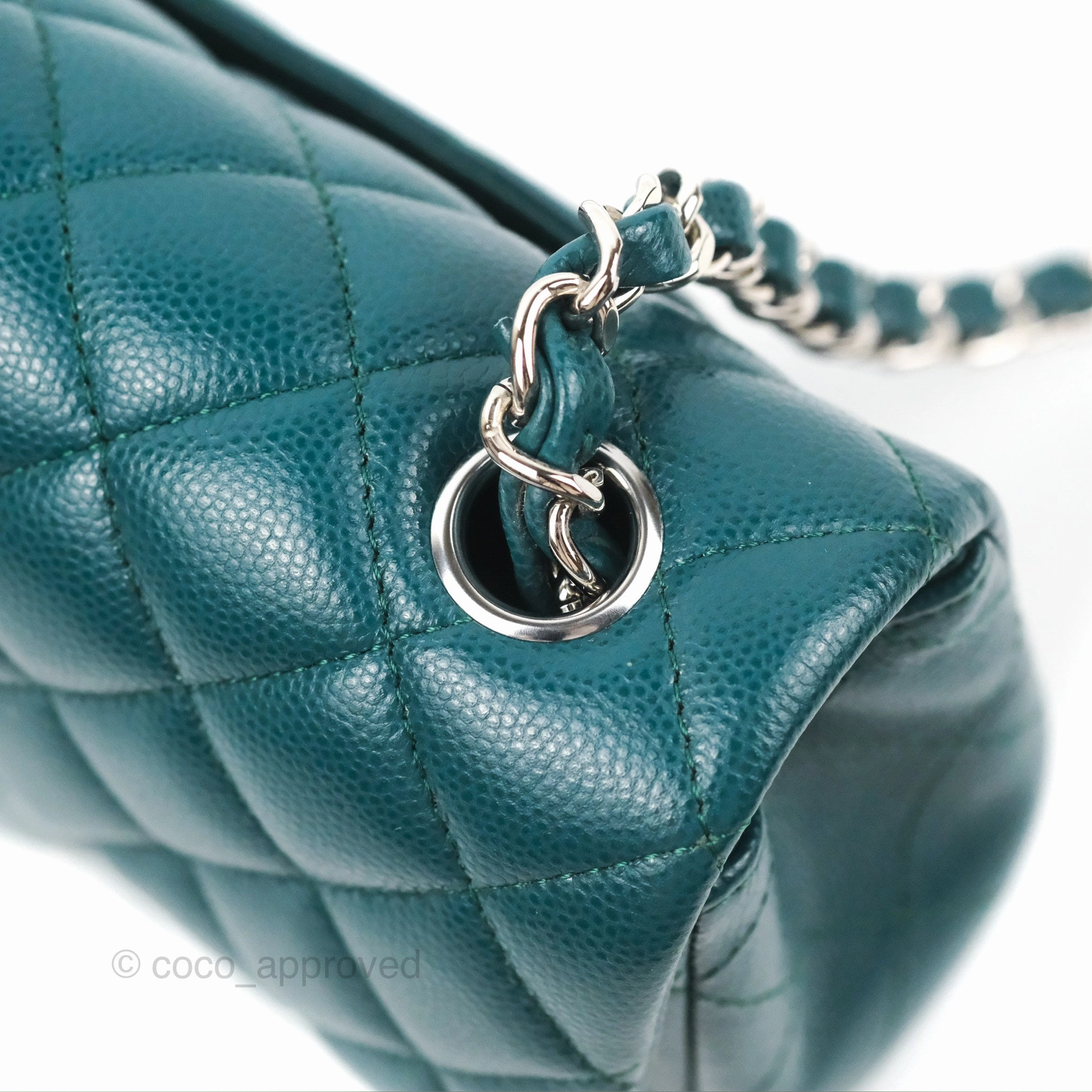 Chanel Quilted Mini Rectangular Flap Teal Green Caviar Silver Hardware