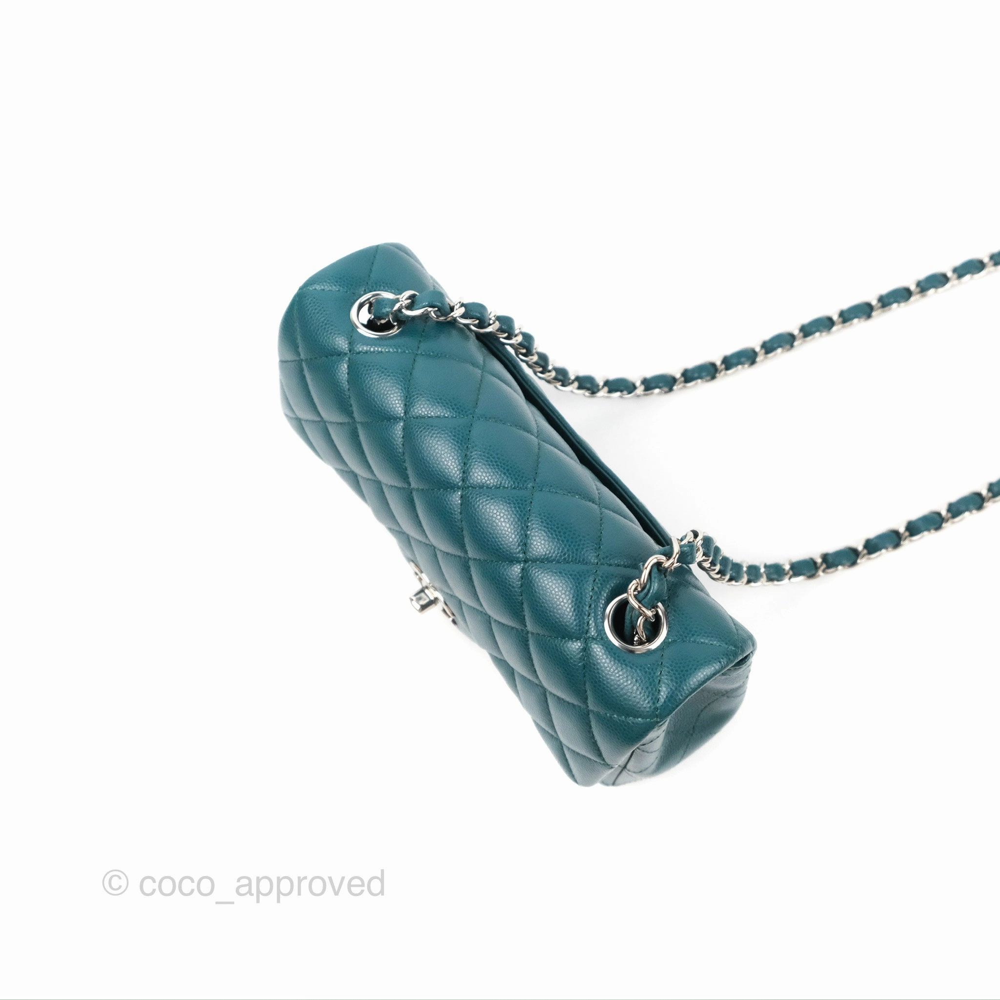 Chanel Quilted Mini Rectangular Flap Teal Green Caviar Silver Hardware