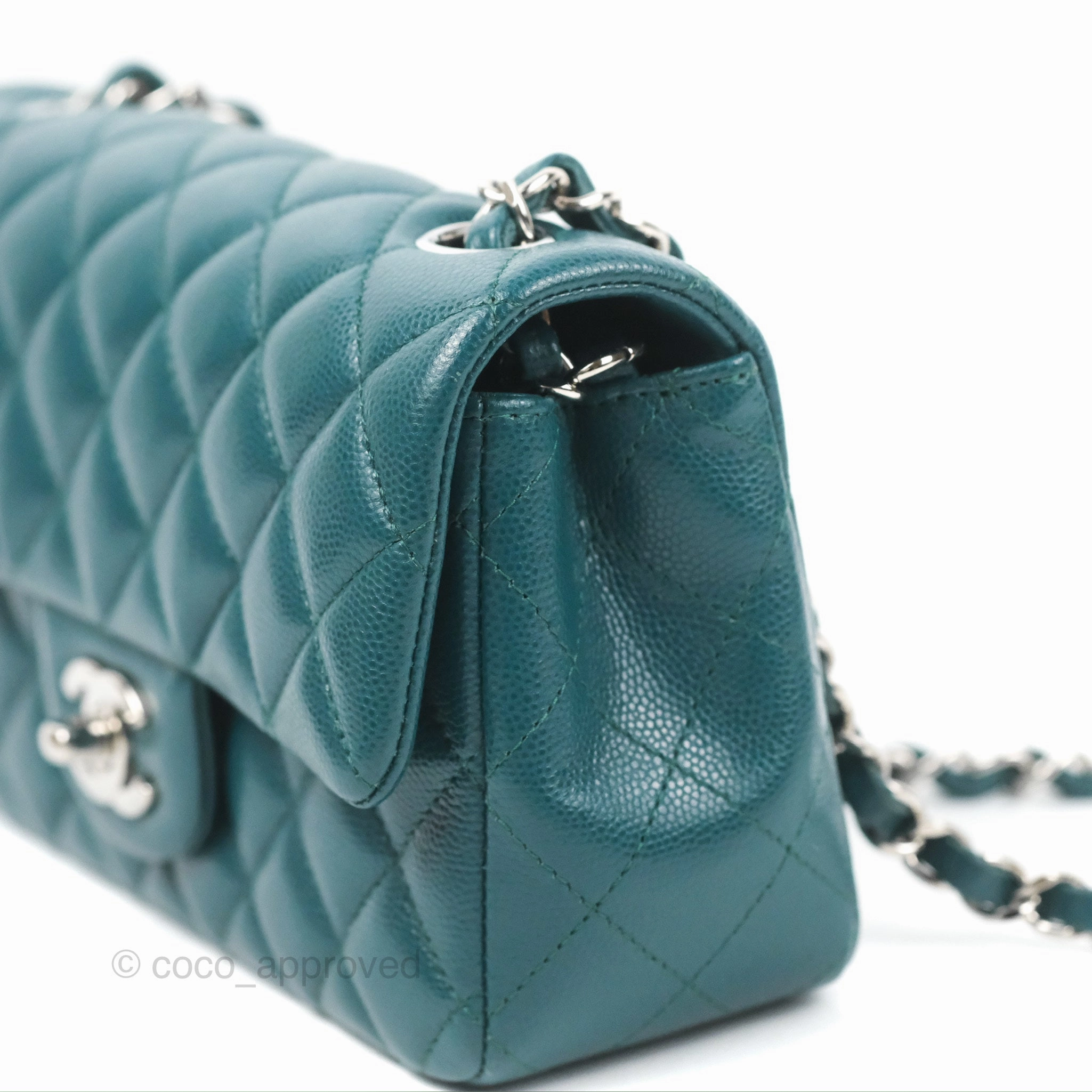 Chanel Quilted Mini Rectangular Flap Teal Green Caviar Silver Hardware