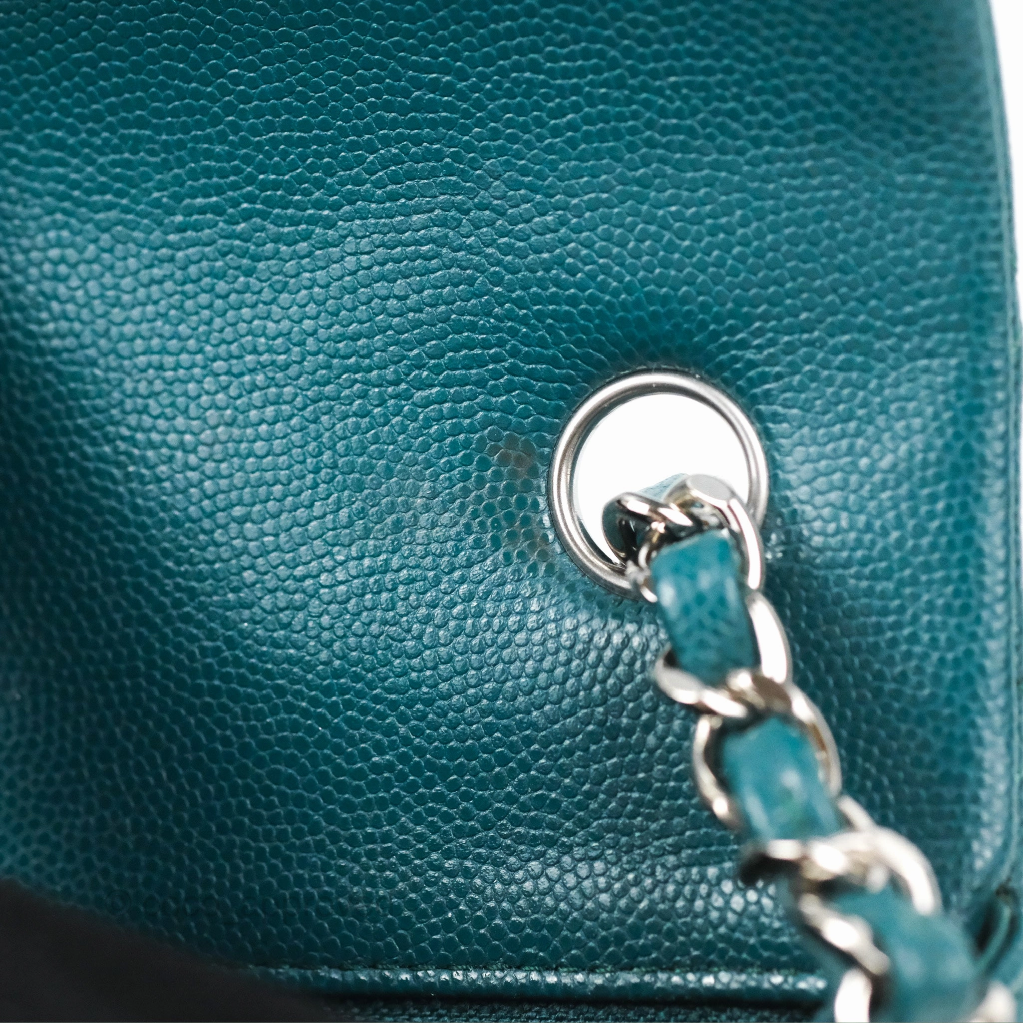 Chanel Quilted Mini Rectangular Flap Teal Green Caviar Silver Hardware