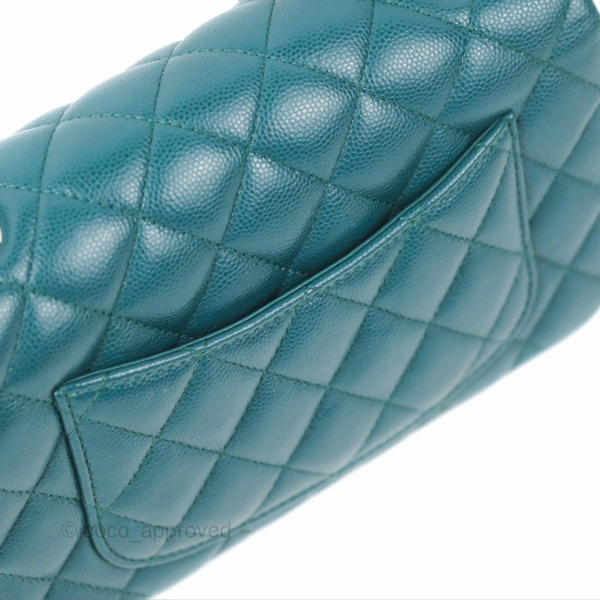 Chanel Quilted Mini Rectangular Flap Teal Green Caviar Silver Hardware